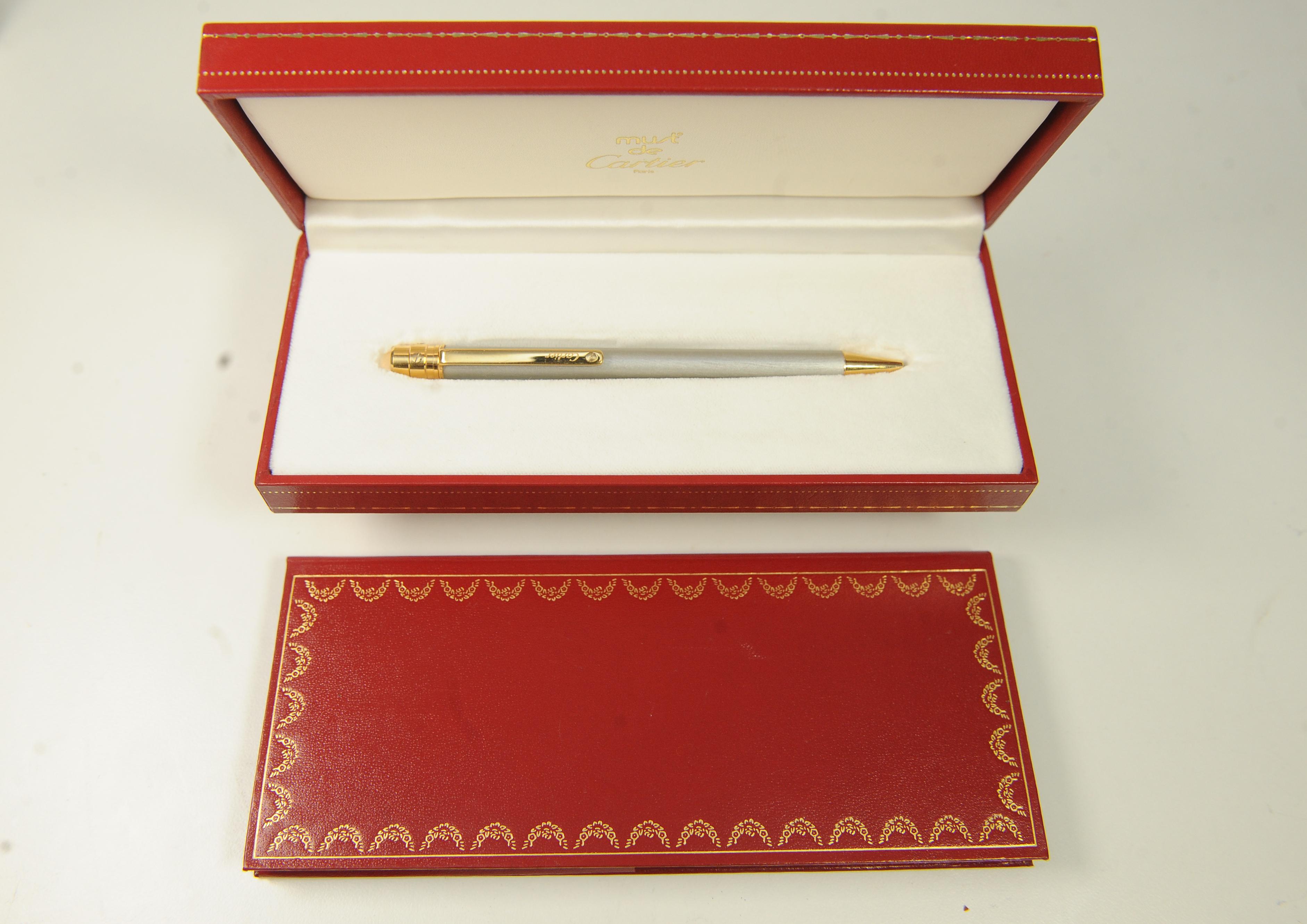 Cartier 18ct Gold Plated & Brushed Steel Ballpoint Pen in Original Box For Sale 1