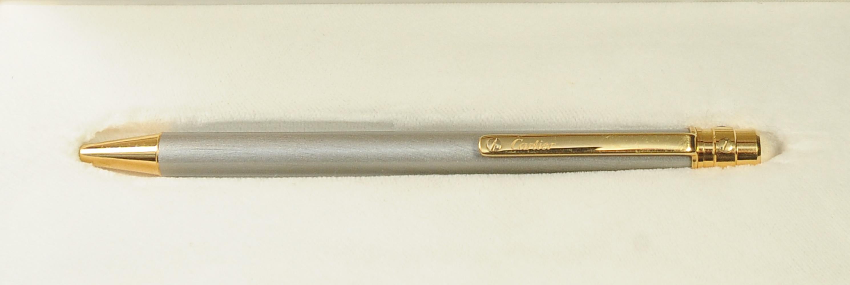 Cartier 18ct Gold Plated & Brushed Steel Ballpoint Pen in Original Box For Sale 6