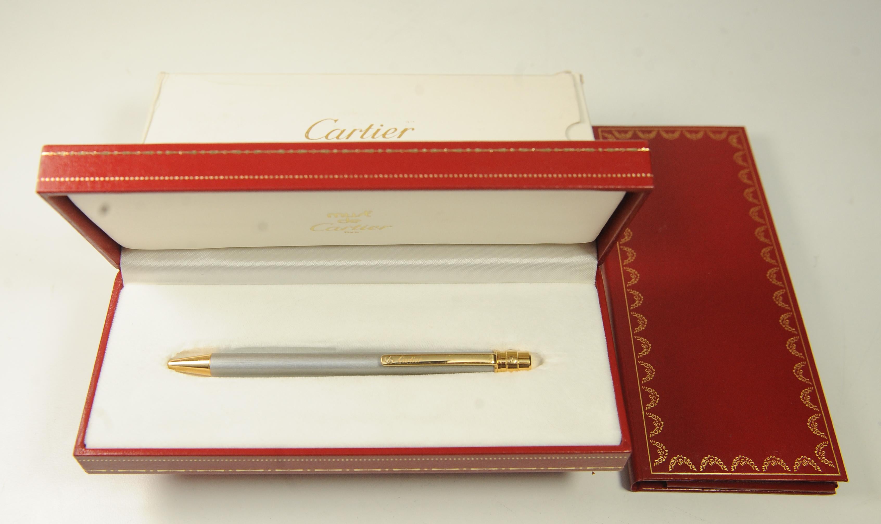 Cartier 18ct Gold Plated & Brushed Steel Ballpoint Pen in Original Box For Sale 2