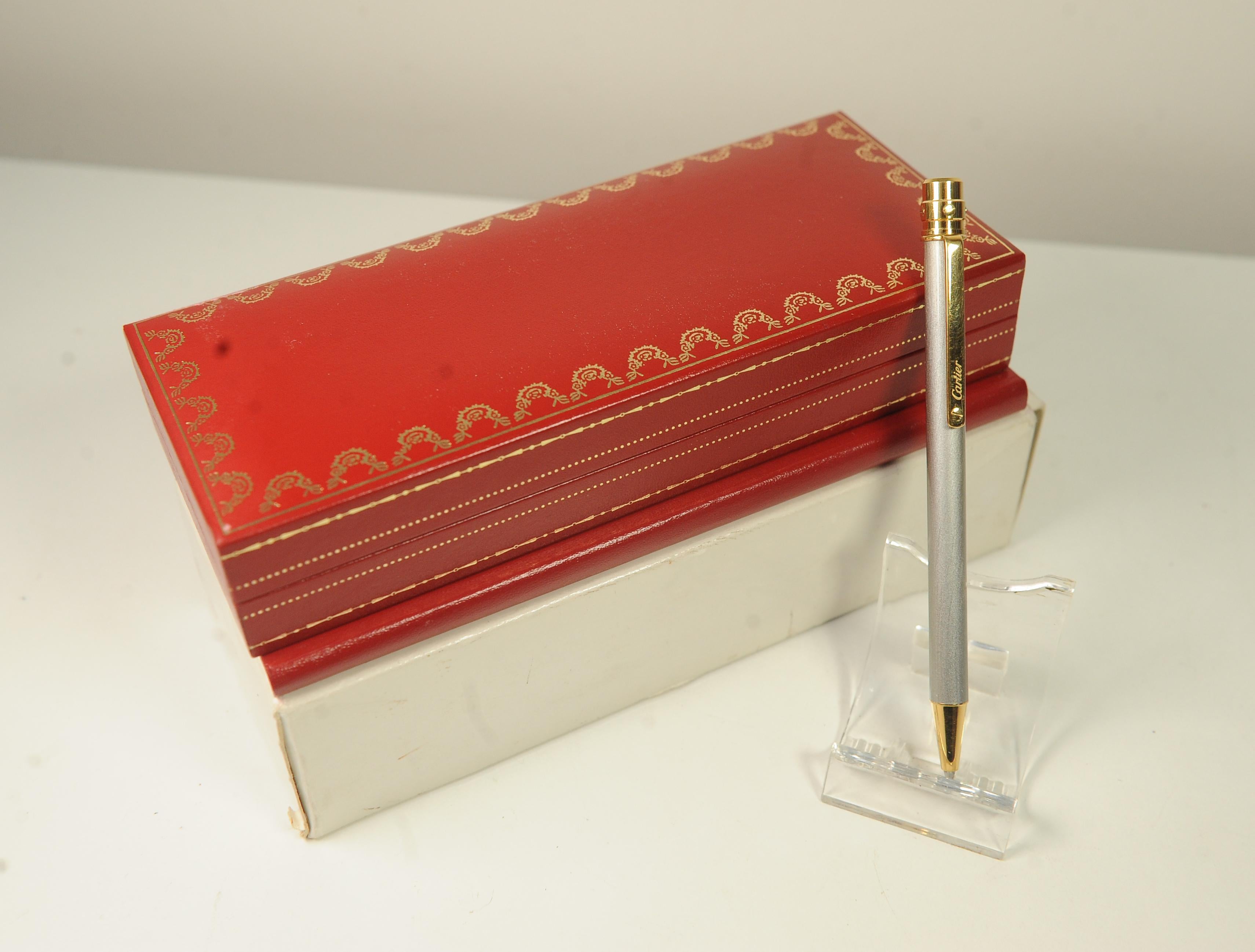 Cartier 18ct Gold Plated & Brushed Steel Ballpoint Pen in Original Box In Good Condition For Sale In Reading, Berkshire