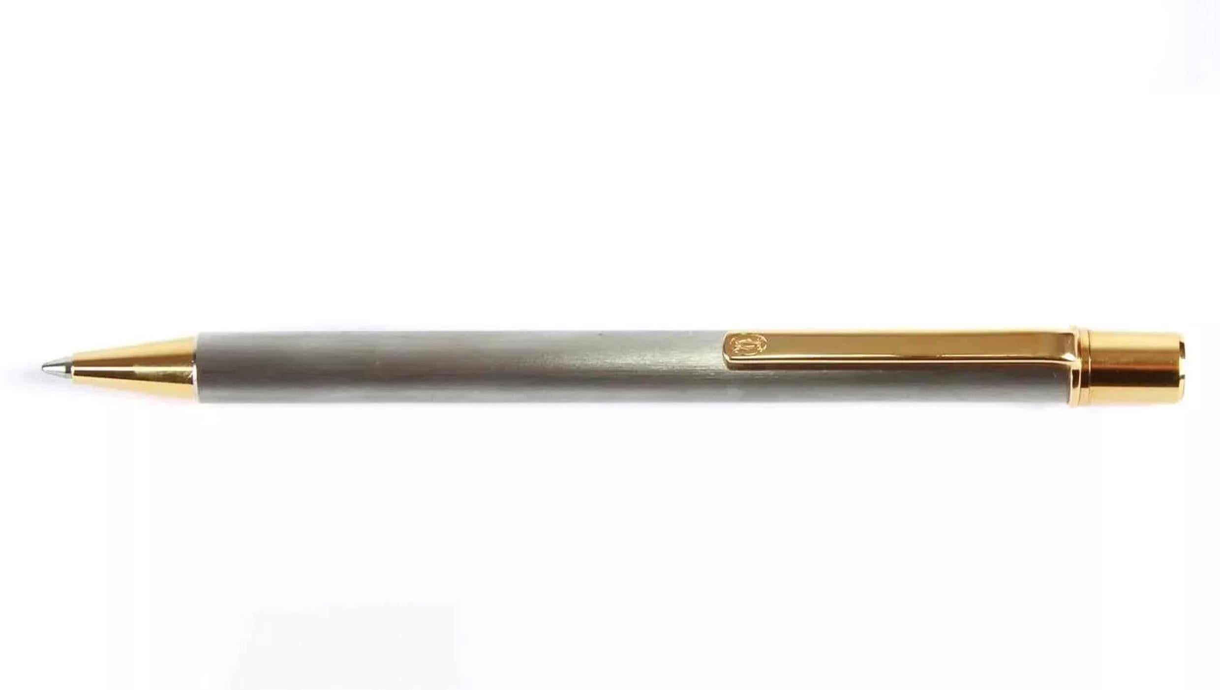 Fin du 20e siècle Cartier 18ct Gold Plated & Brushed Steel Ballpoint Pen With Cartier Box en vente