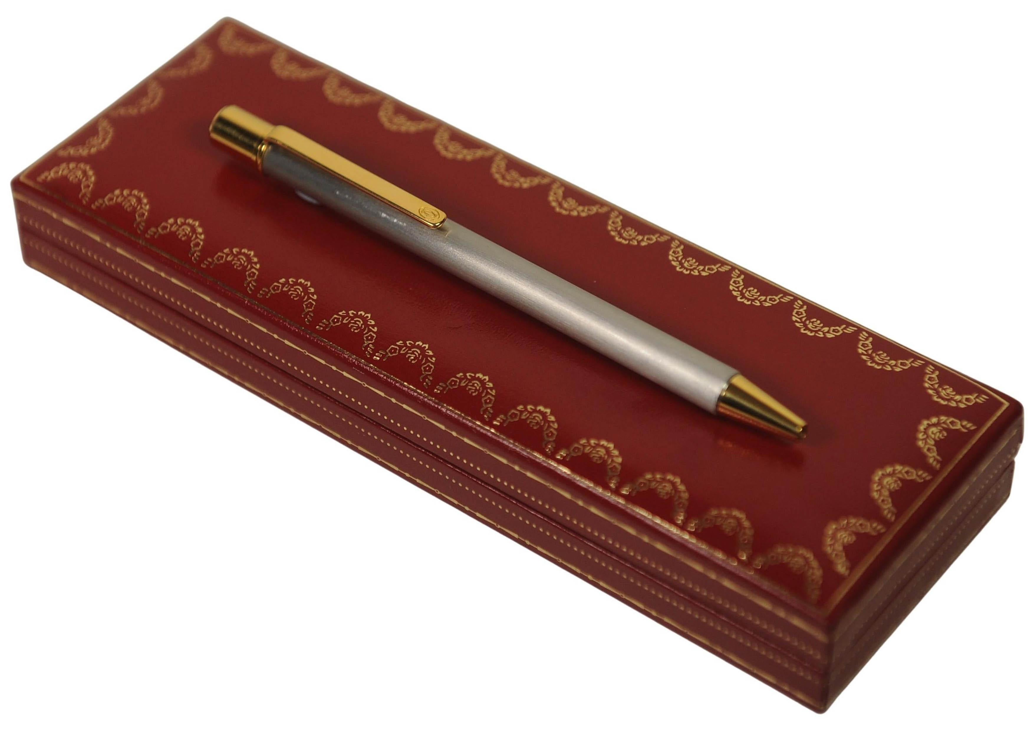 Art déco Cartier 18ct Gold Plated & Brushed Steel Ballpoint Pen With Cartier Box en vente