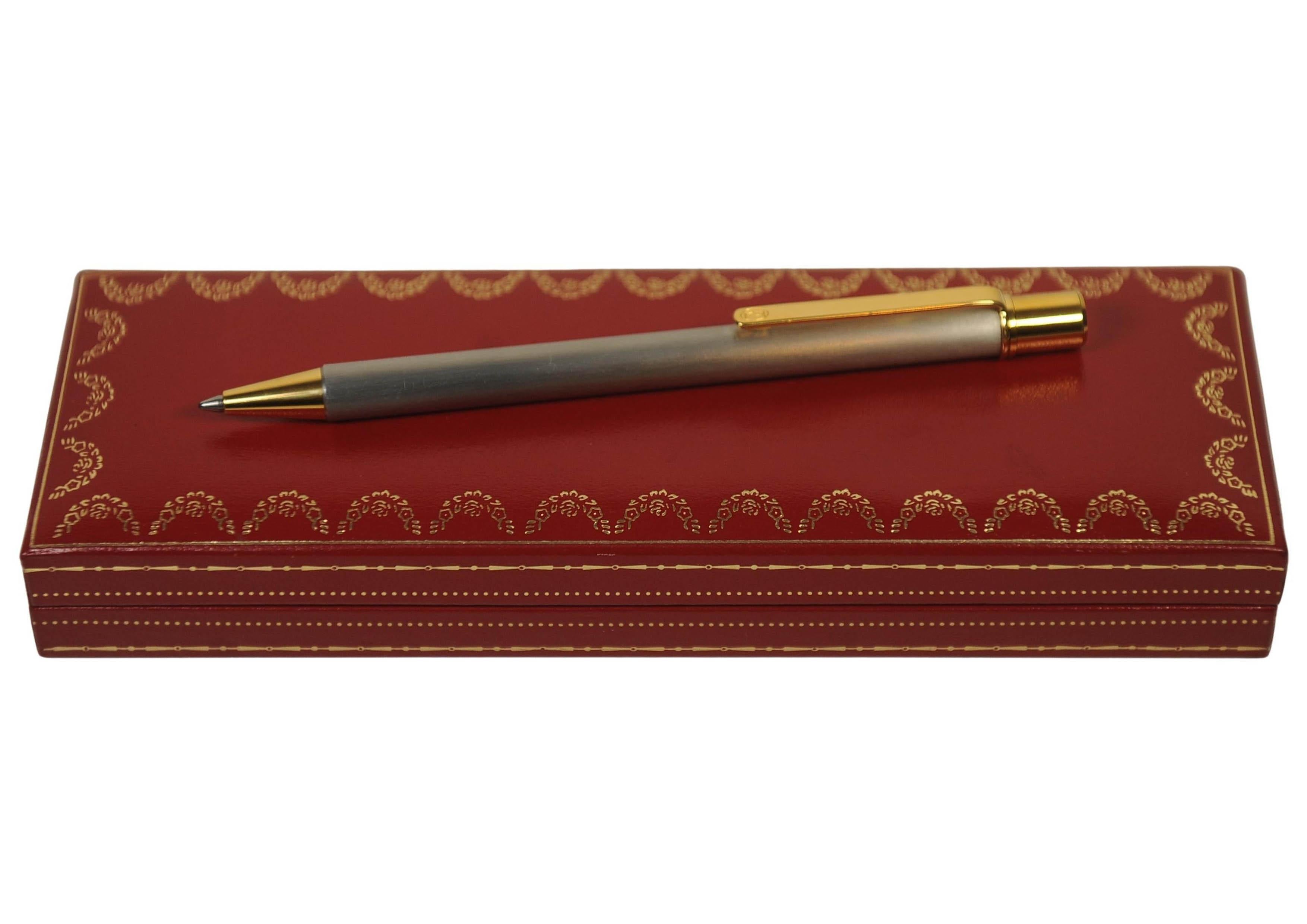 Français Cartier 18ct Gold Plated & Brushed Steel Ballpoint Pen With Cartier Box en vente