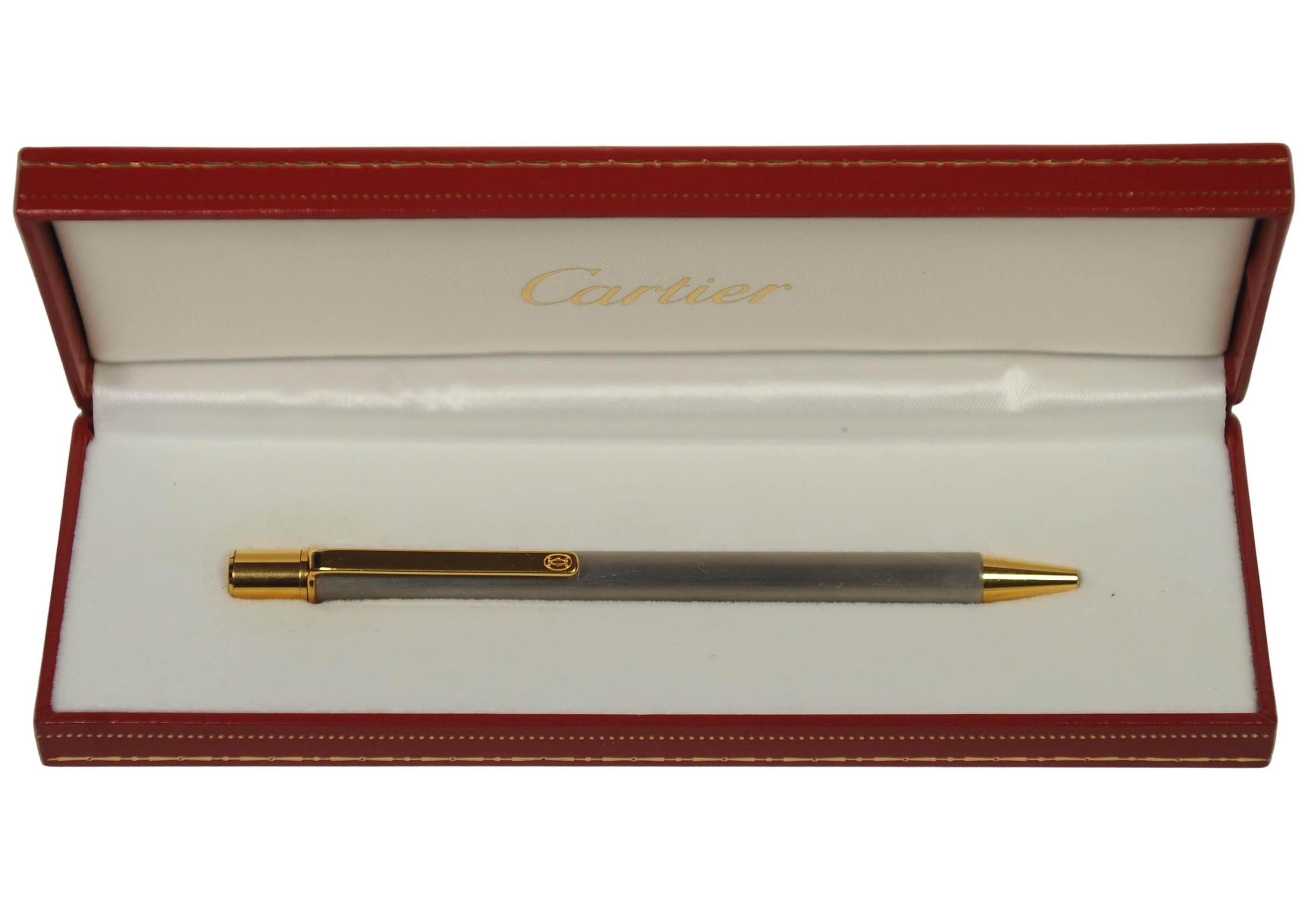 Cartier 18ct Gold Plated & Brushed Steel Ballpoint Pen With Cartier Box Bon état - En vente à Reading, Berkshire