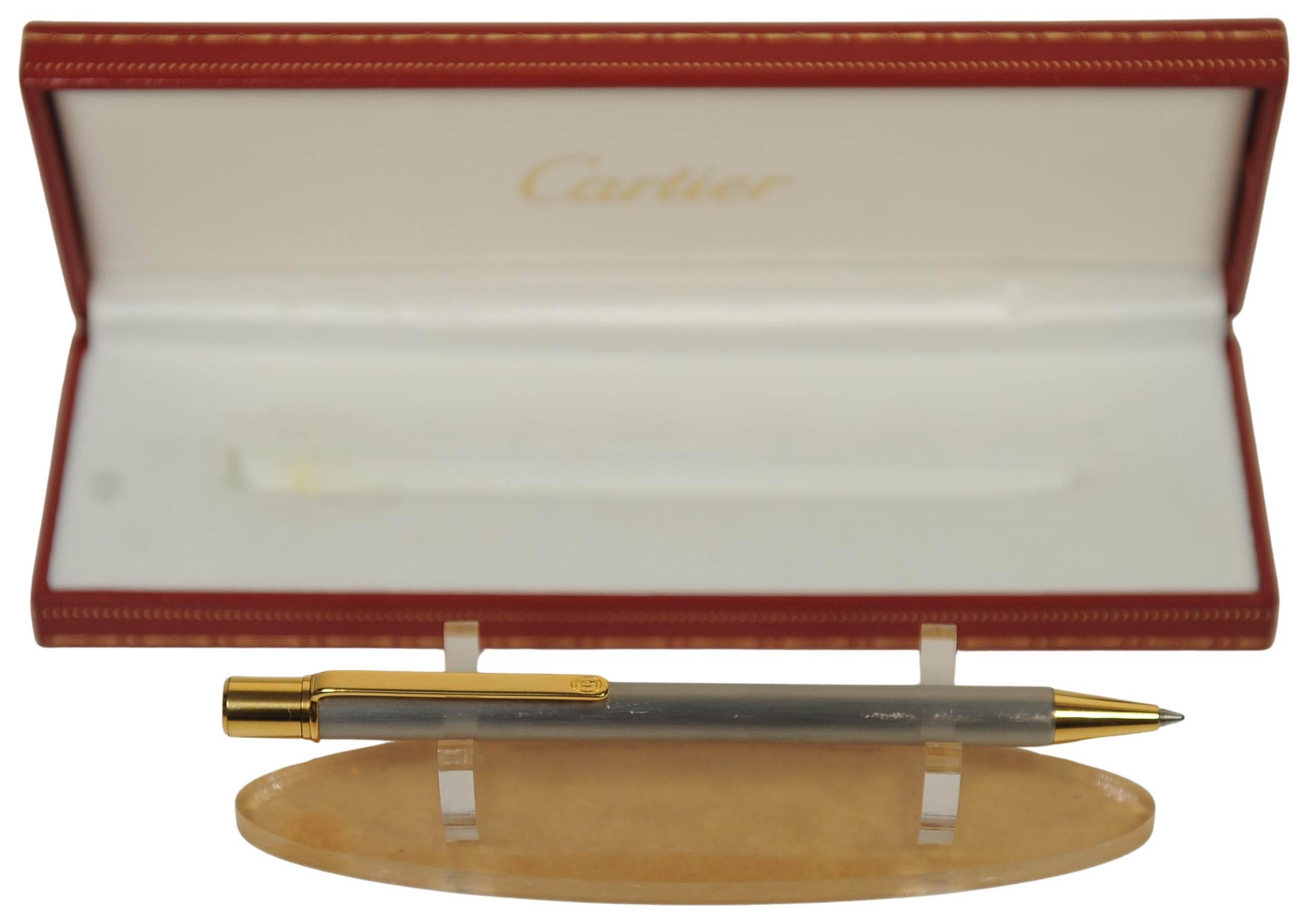 Cartier 18ct Gold Plated & Brushed Steel Ballpoint Pen With Cartier Box en vente 1