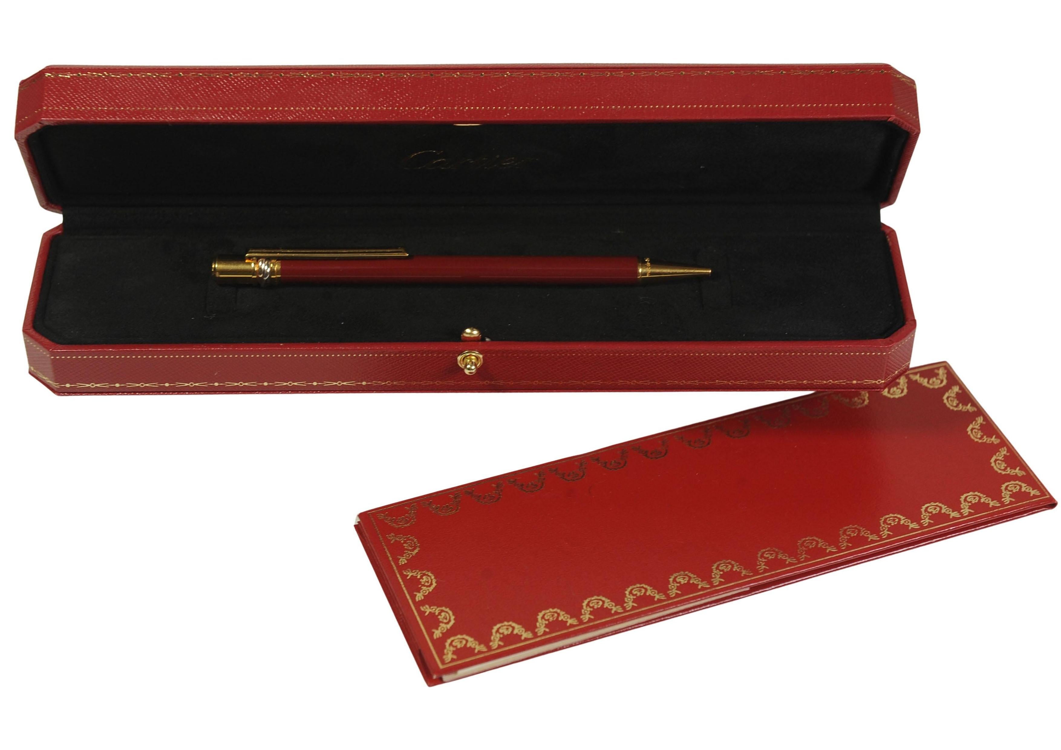Art Deco Cartier 18ct Gold Plated & Red Lacquered Ballpoint With Red Cartier Box For Sale