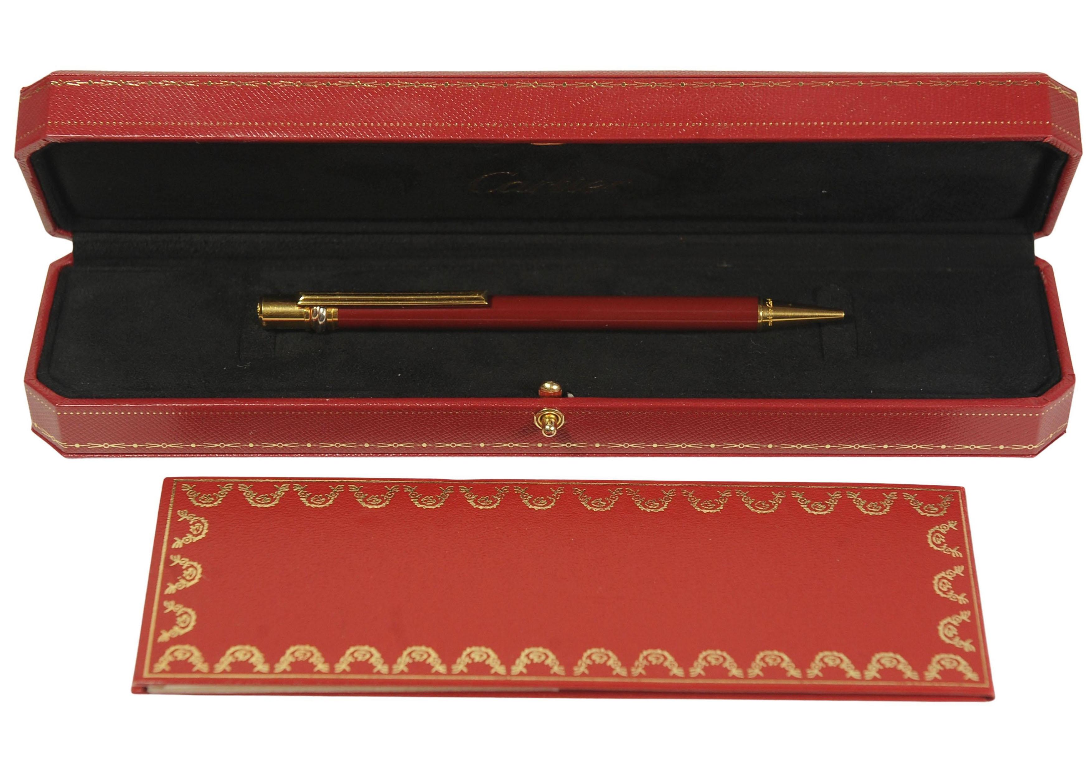 French Cartier 18ct Gold Plated & Red Lacquered Ballpoint With Red Cartier Box For Sale