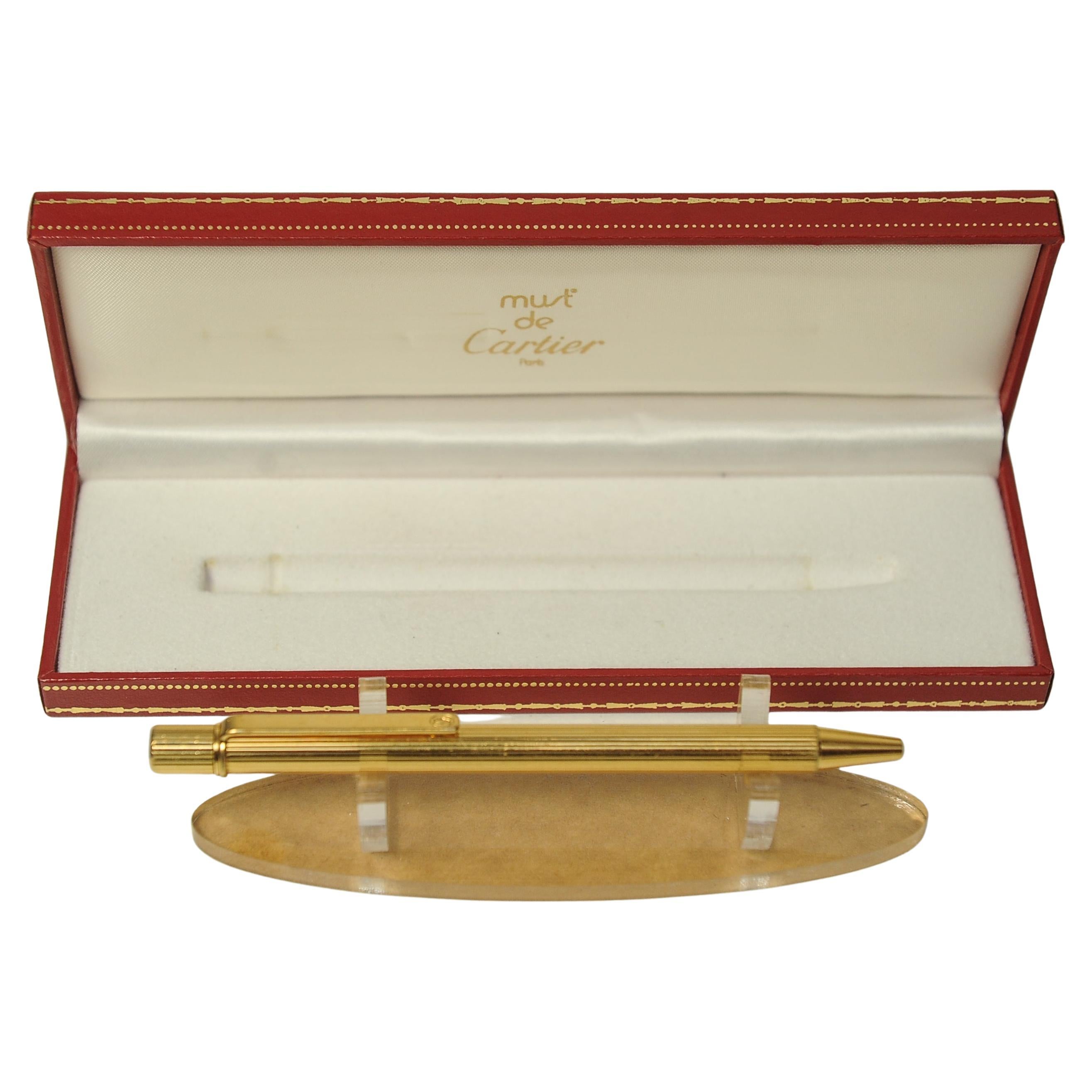 Cartier 18ct Gold Plated Ribbed Ballpoint Pen With Original Box In Good Condition In Reading, Berkshire