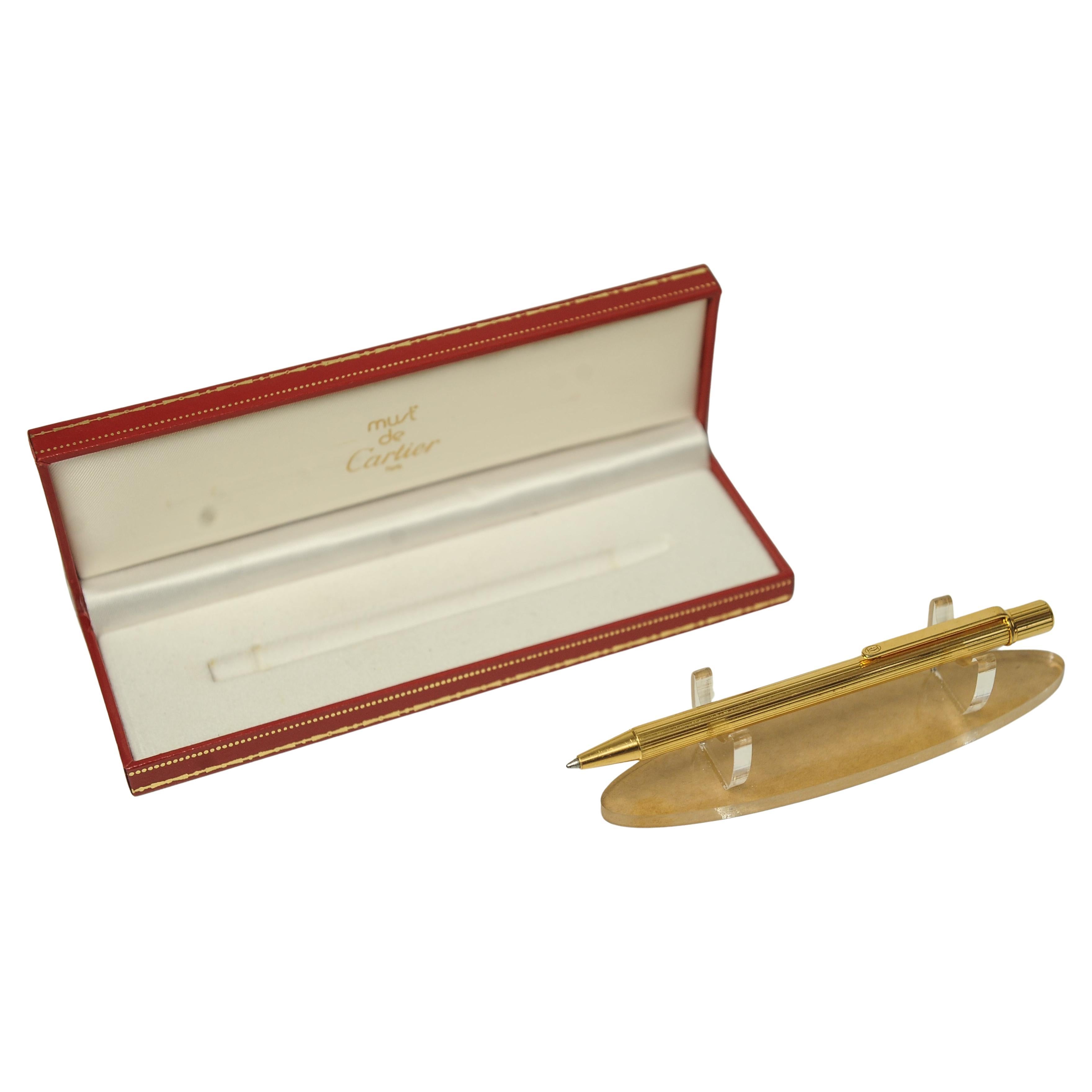 20th Century Cartier 18ct Gold Plated Ribbed Ballpoint Pen With Original Box