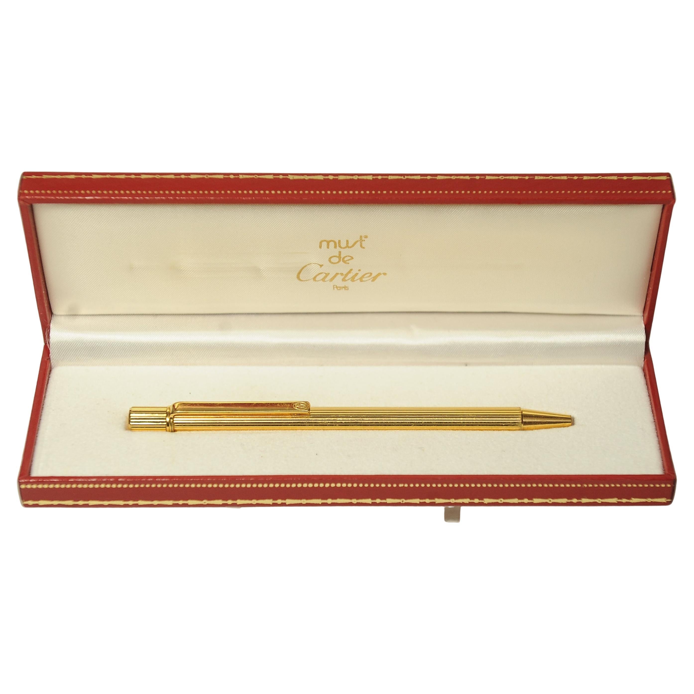 Cartier 18ct Gold Plated Ribbed Ballpoint Pen With Original Box 2