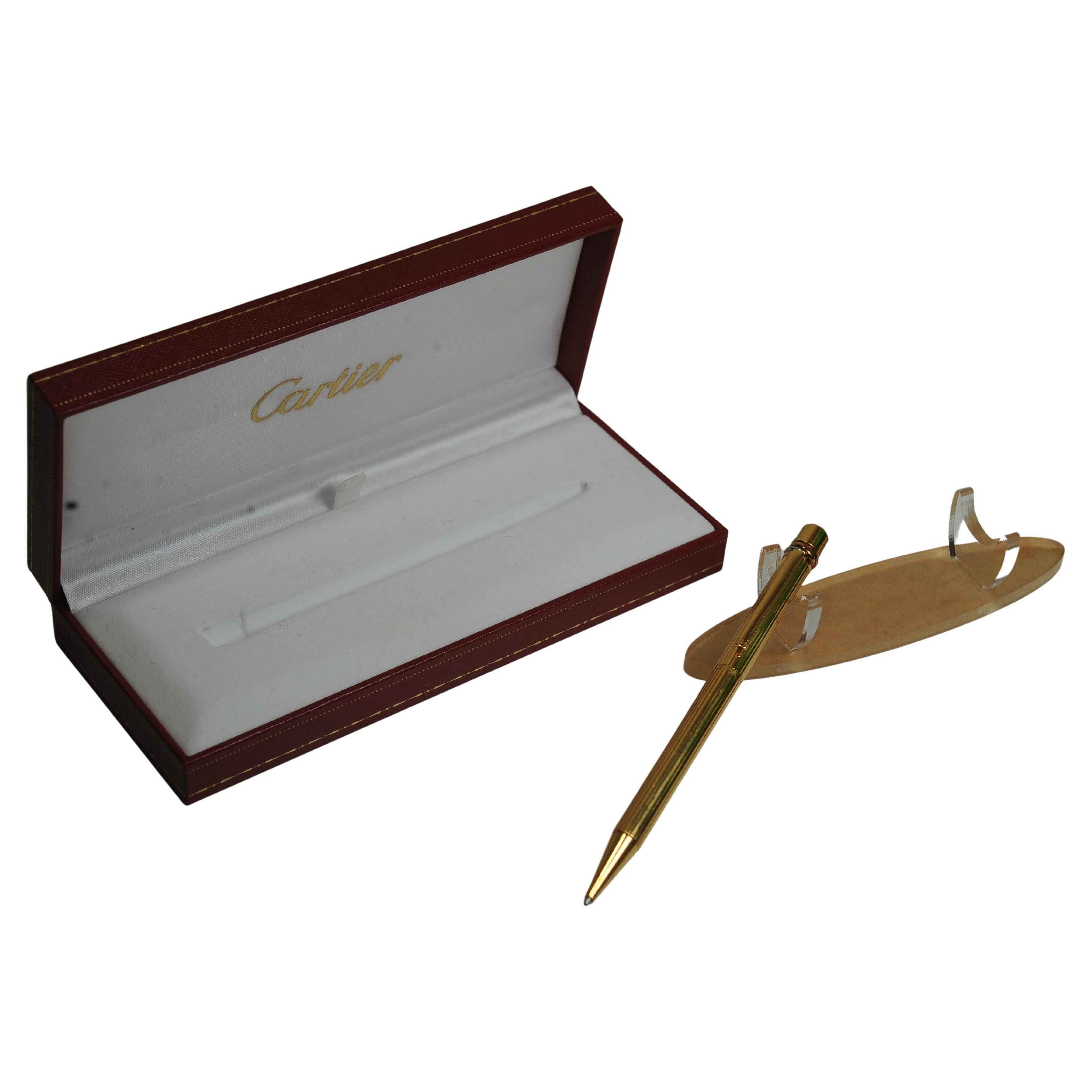 Français Cartier 18ct Gold Plated Ribbed Trinity Ballpoint Pen in Original Cartier Box en vente