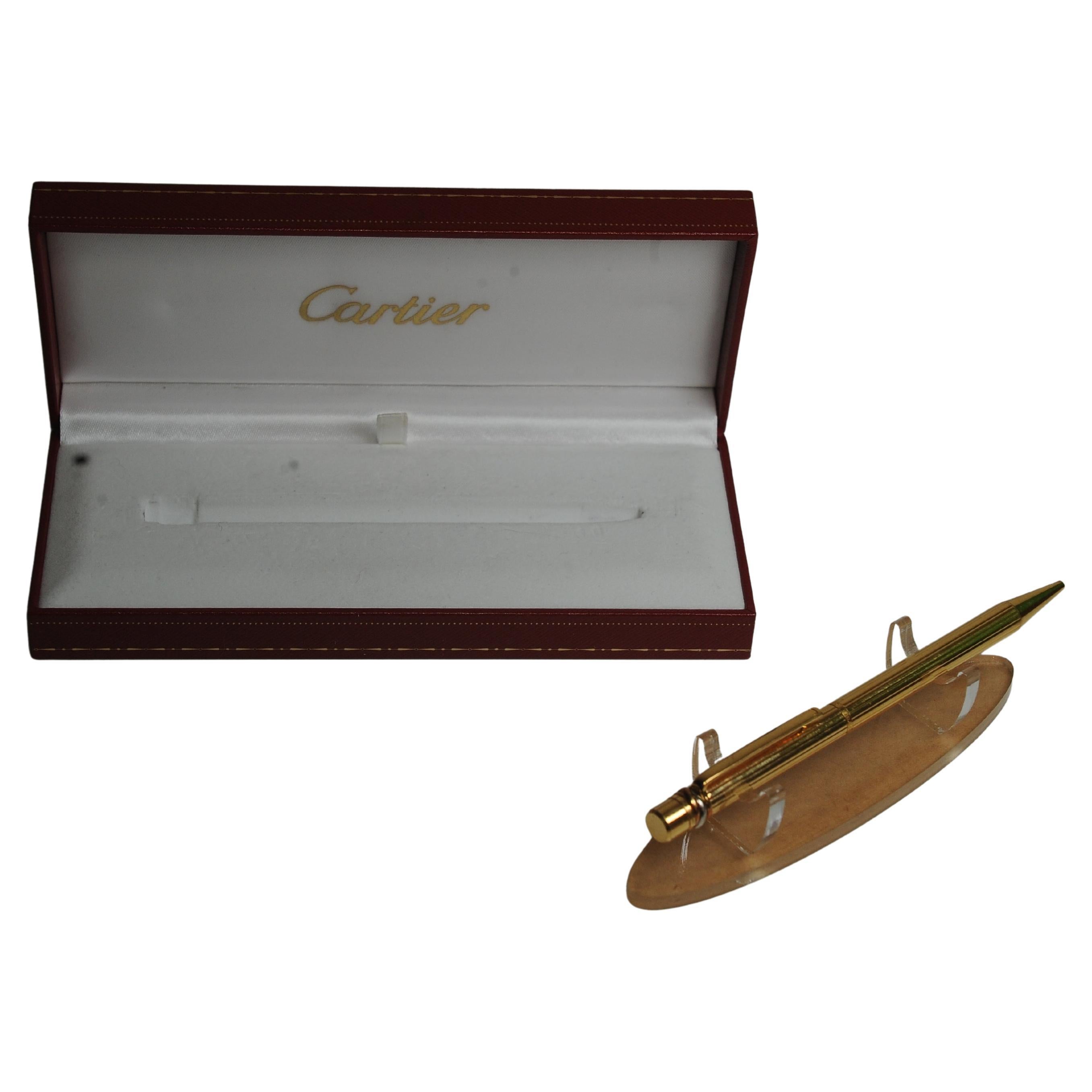 Plaqué or Cartier 18ct Gold Plated Ribbed Trinity Ballpoint Pen in Original Cartier Box en vente