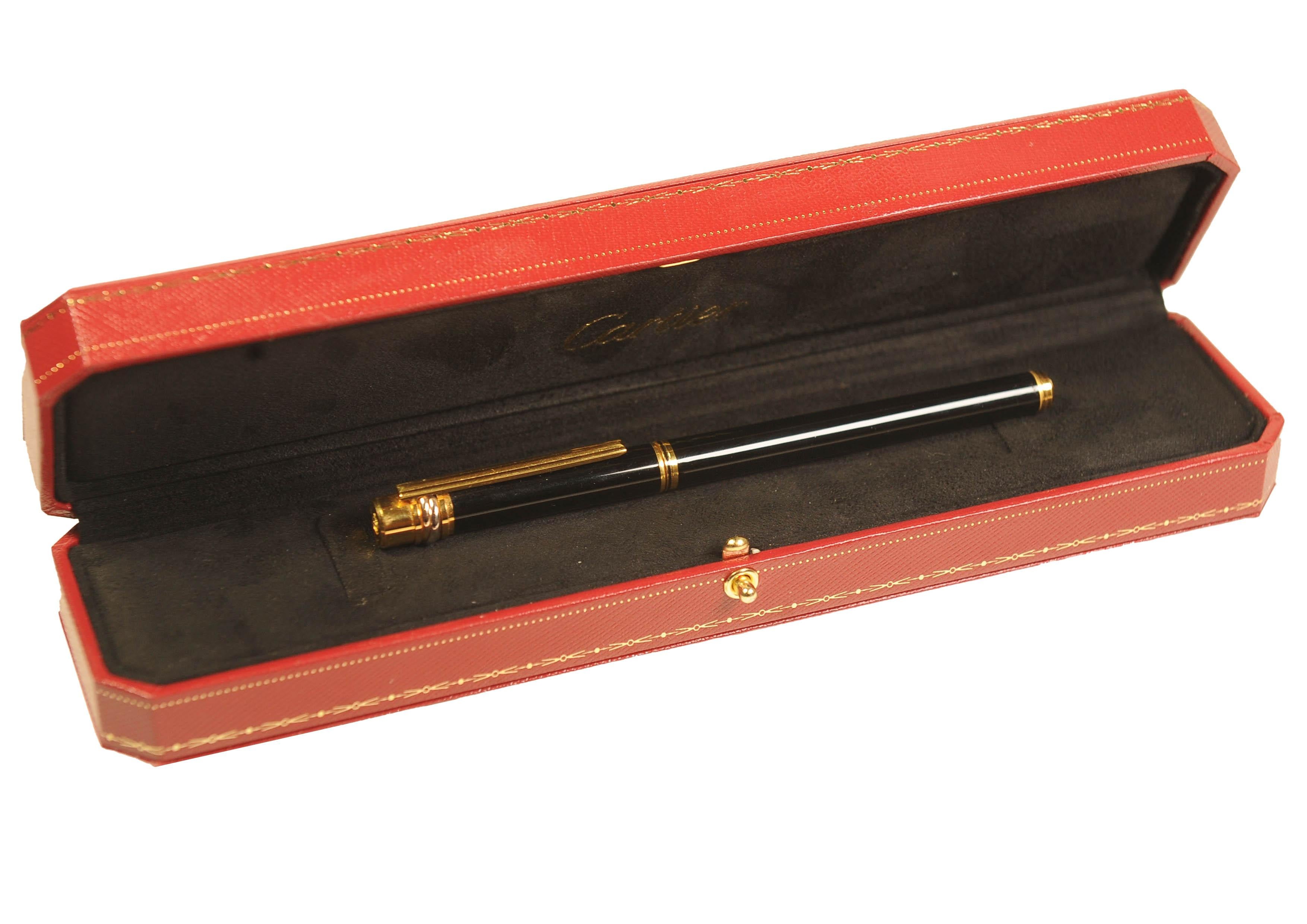 Cartier 18ct Gold Plated Trinity Fountain Pen With Black Body & Cartier Box For Sale 4