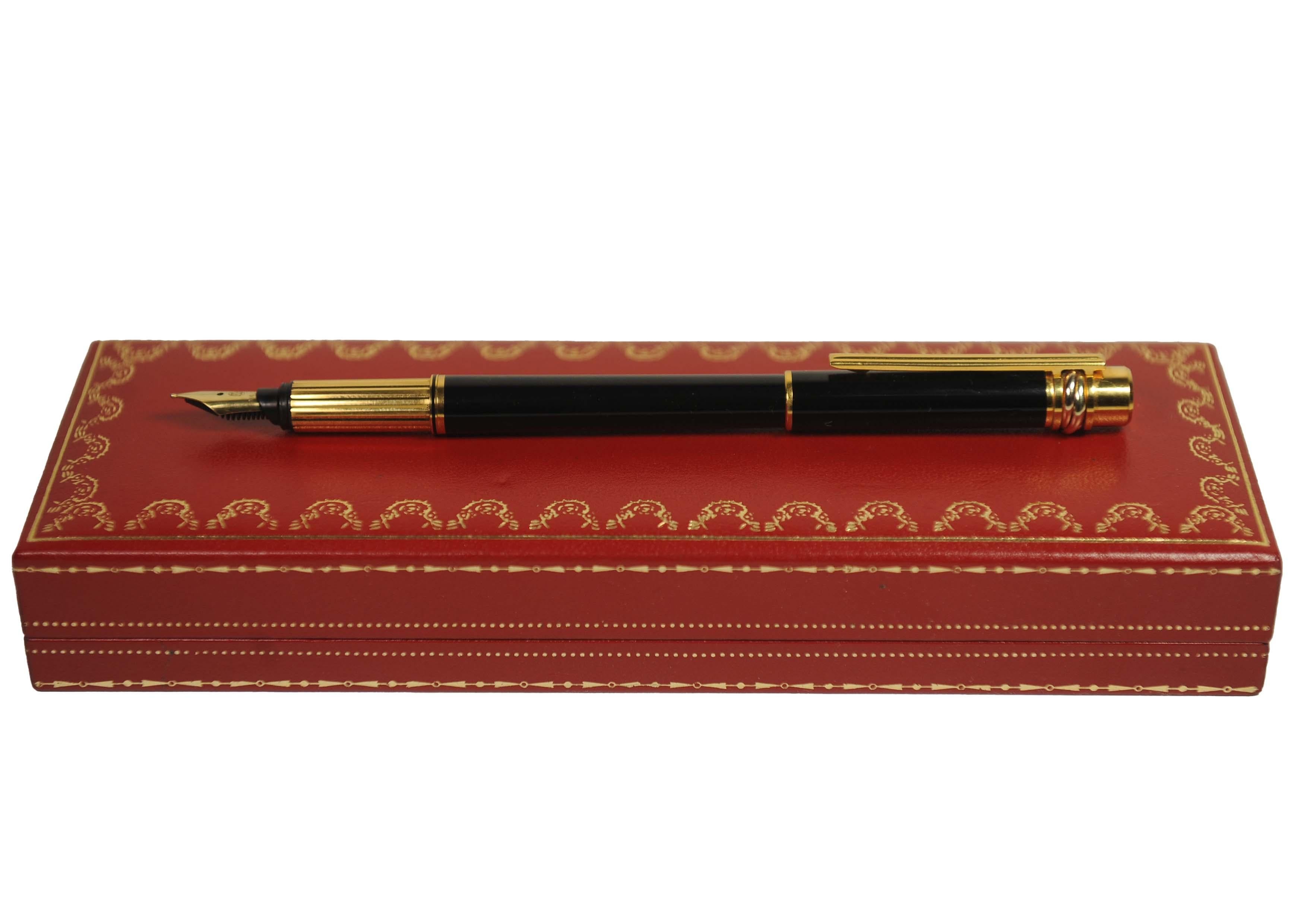 Art Deco Cartier 18ct Gold Plated Trinity Fountain Pen With Black Body & Cartier Box For Sale