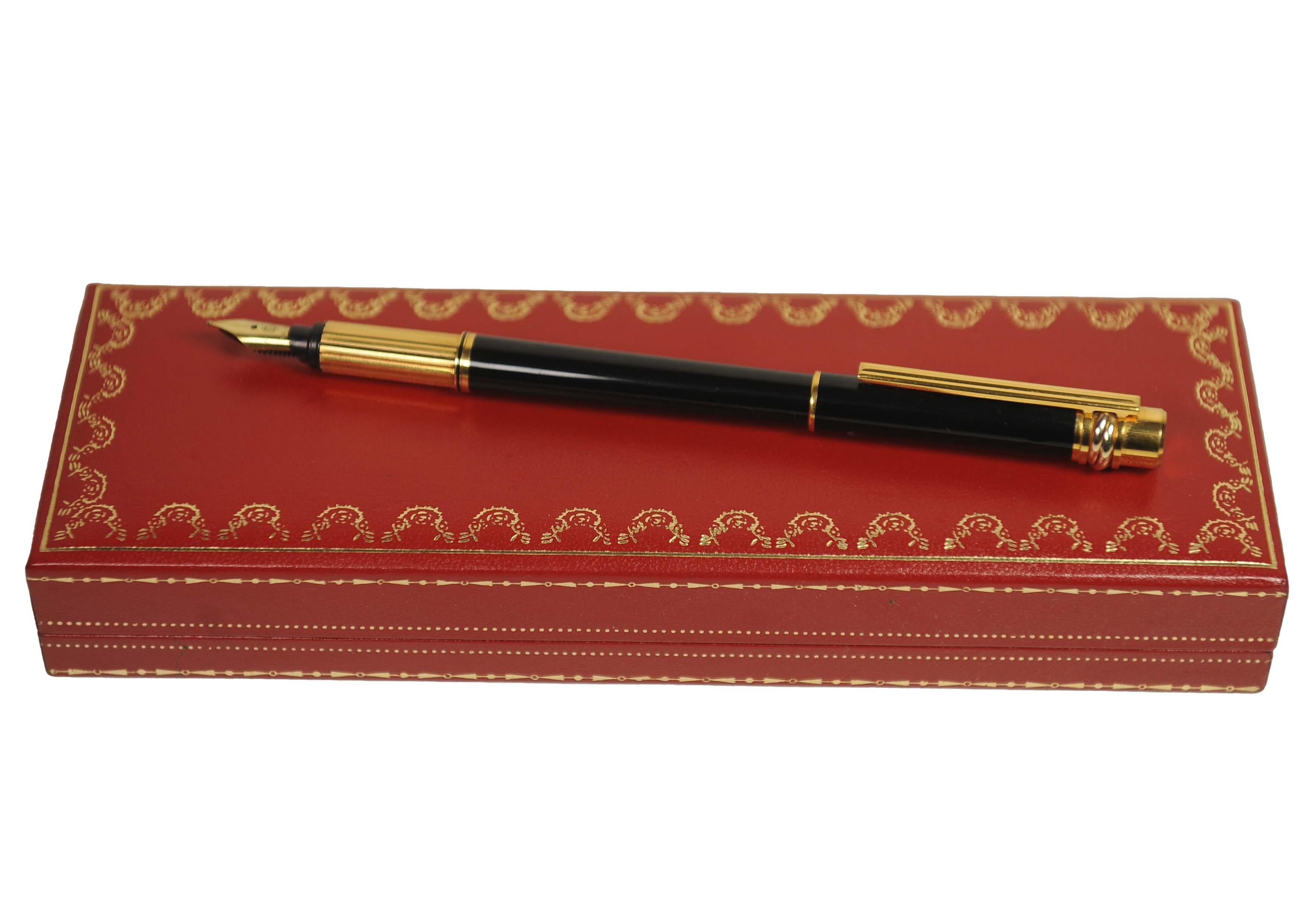20th Century Cartier 18ct Gold Plated Trinity Fountain Pen With Black Body & Cartier Box For Sale