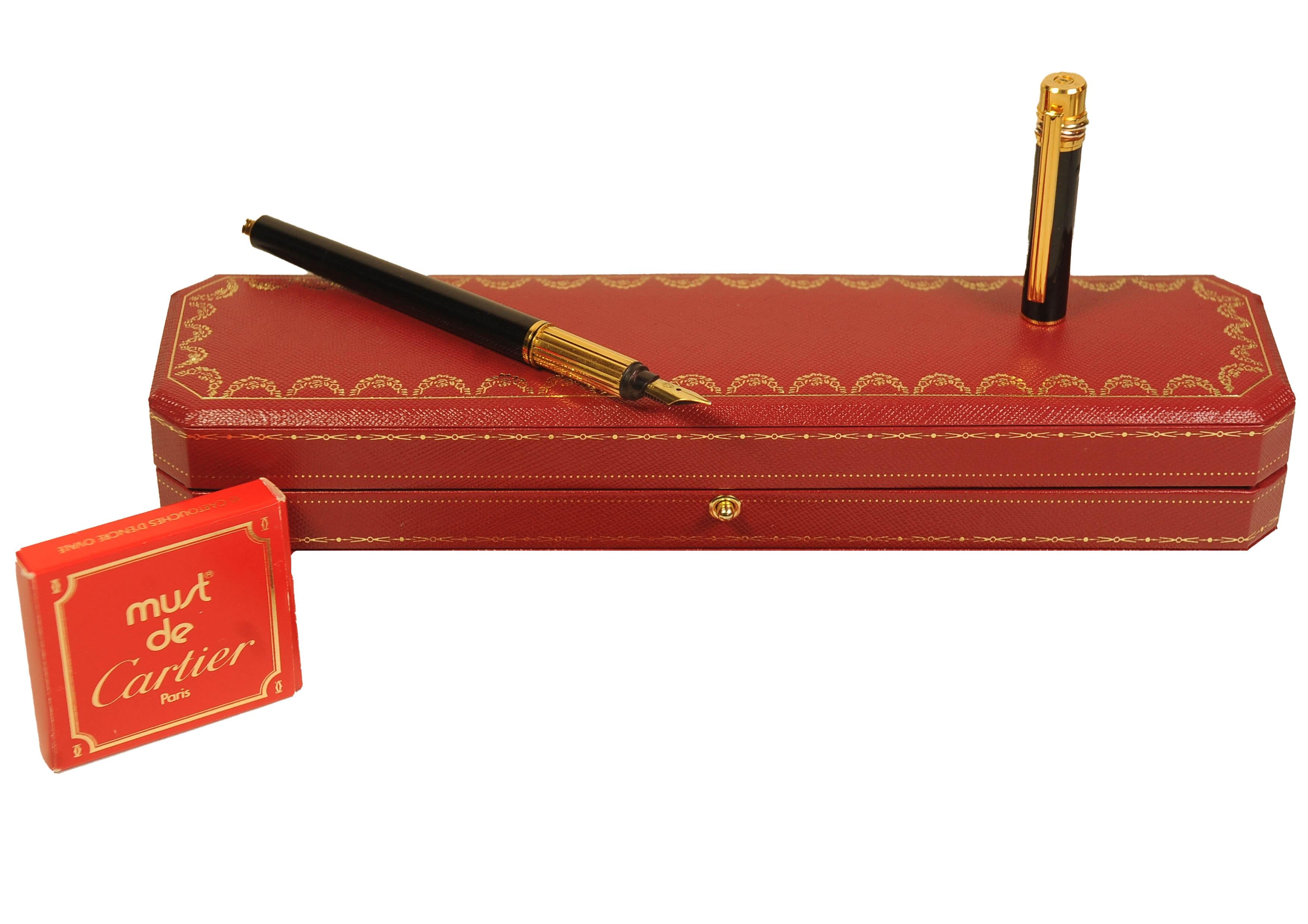 Cartier 18ct Gold Plated Trinity Fountain Pen With Black Body & Cartier Box For Sale 2