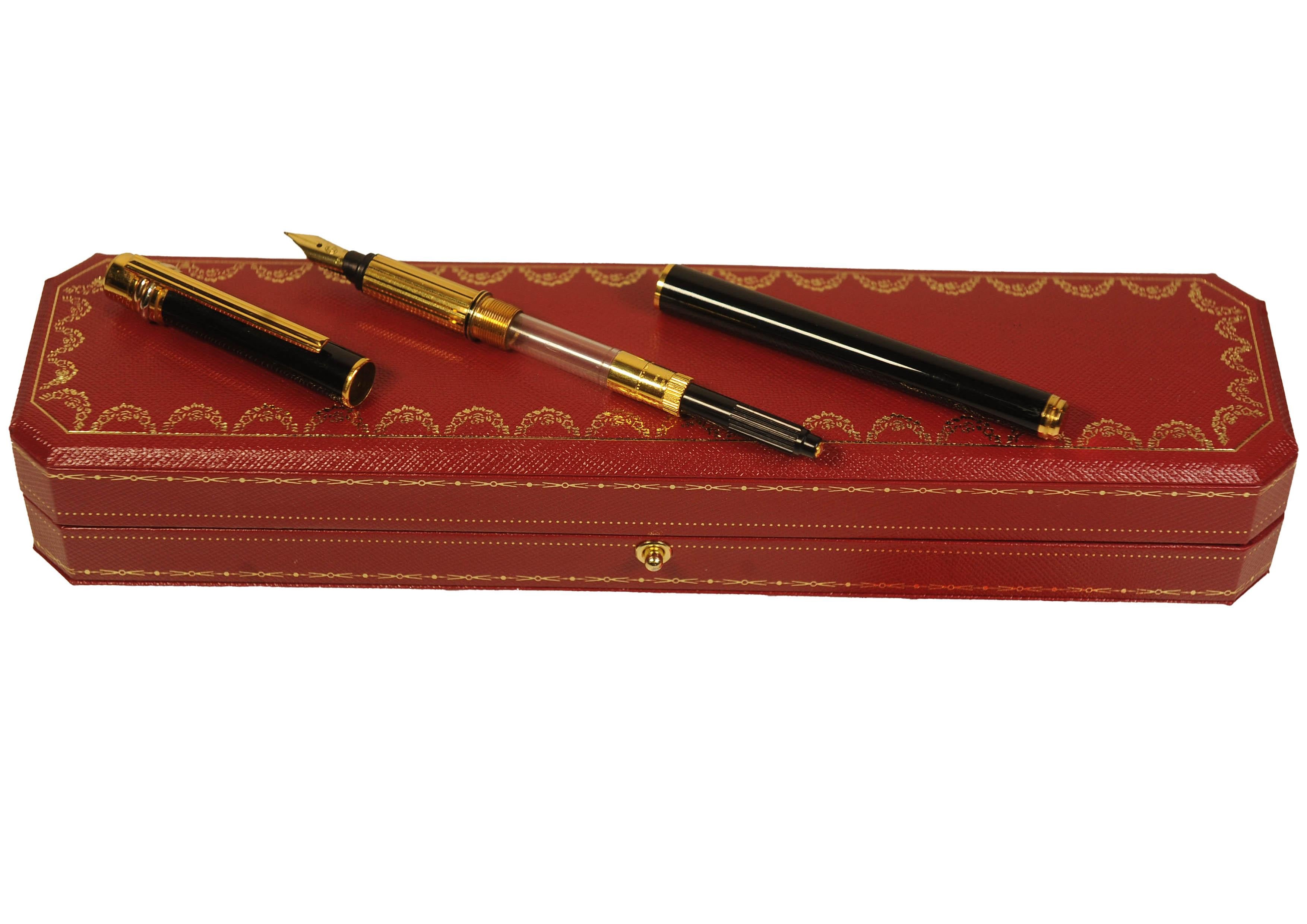Cartier 18ct Gold Plated Trinity Fountain Pen With Black Body & Cartier Box For Sale 3