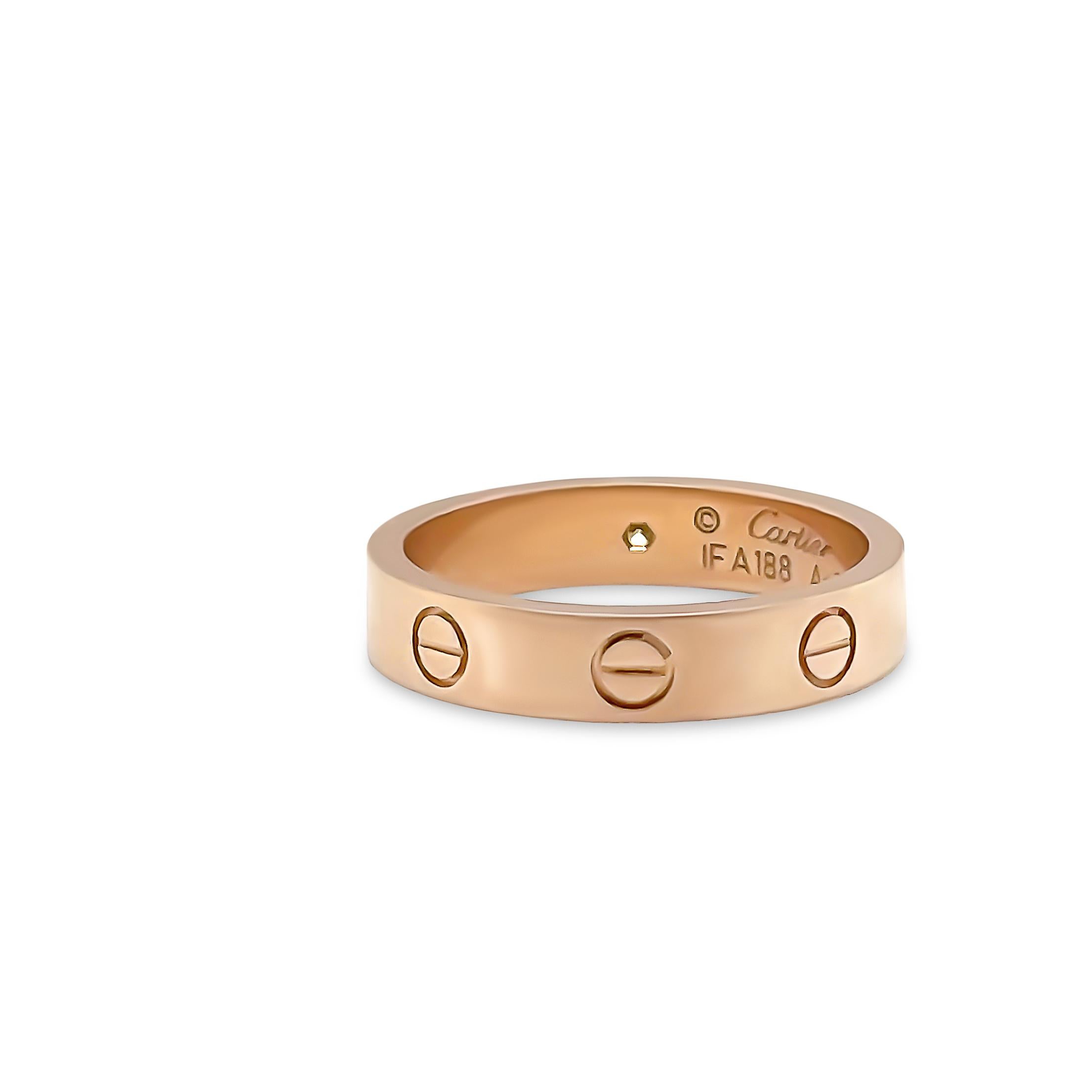 A Cartier Love wedding band, made of 18ct Rose Gold. Set with 1 brilliant-cut diamond totalling 0.02 carats. Width: 4 mm.

Metal: 18ct Rose Gold 
Carat: 0.02ct
Colour: N/A
Clarity:  N/A
Cut: Round Brilliant Cut
Weight: 4.43