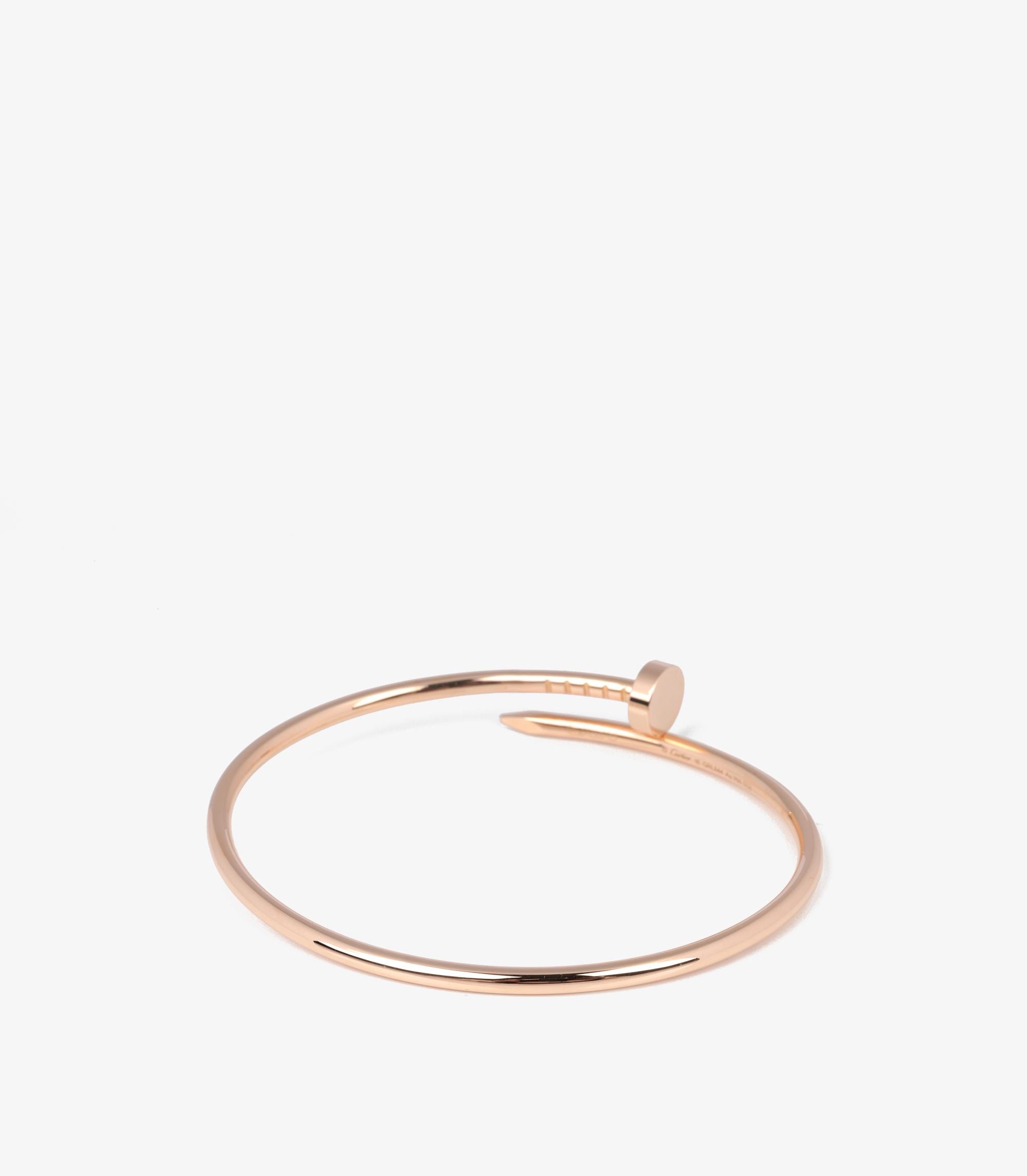 Brand Cartier 
Model Juste un Clou SM Bangle
Product Type Bracelet
Serial Number GRL844
Accompanied By
Cartier Pouch, Service Papers
Material(s) 18ct Rose Gold
Bracelet Length 16cm
Bracelet Width 1.4mm
Total Weight 9.4g
Condition Rating