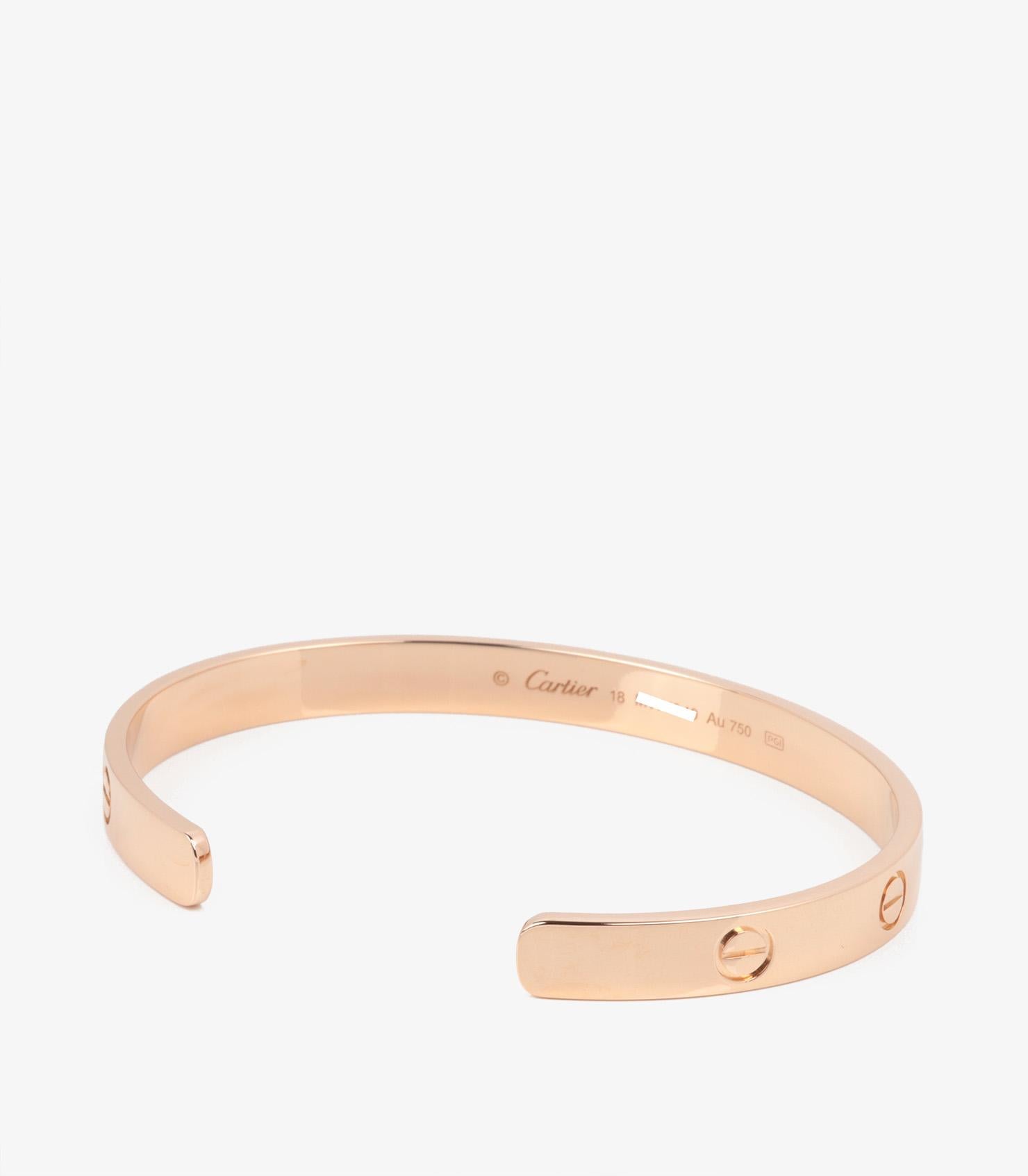 Cartier 18ct Rose Gold Love Cuff Bangle

Brand- Cartier
Model- Love Cuff Bangle
Product Type- Bracelet
Serial Number- MW****
Age- Circa 2022
Accompanied By- Cartier Box, Certificate
Material(s)- 18ct Rose Gold

Bracelet Length- 18cm
Bracelet Width-