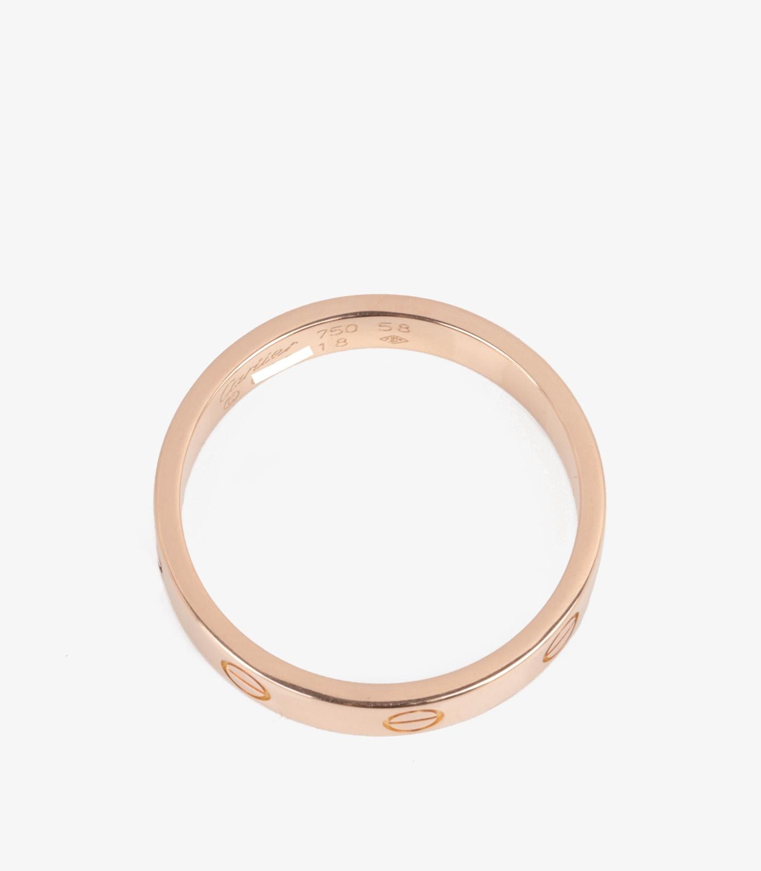 Cartier 18ct Rose Gold Love Wedding Band

Brand- Cartier
Model- Love Wedding Band
Product Type- Ring
Serial Number- GD****
Material(s)- 18ct Rose Gold
UK Ring Size- Q 1/2
EU Ring Size- 58
US Ring Size- 8 1/4
Resizing Possible- No

Band Width-