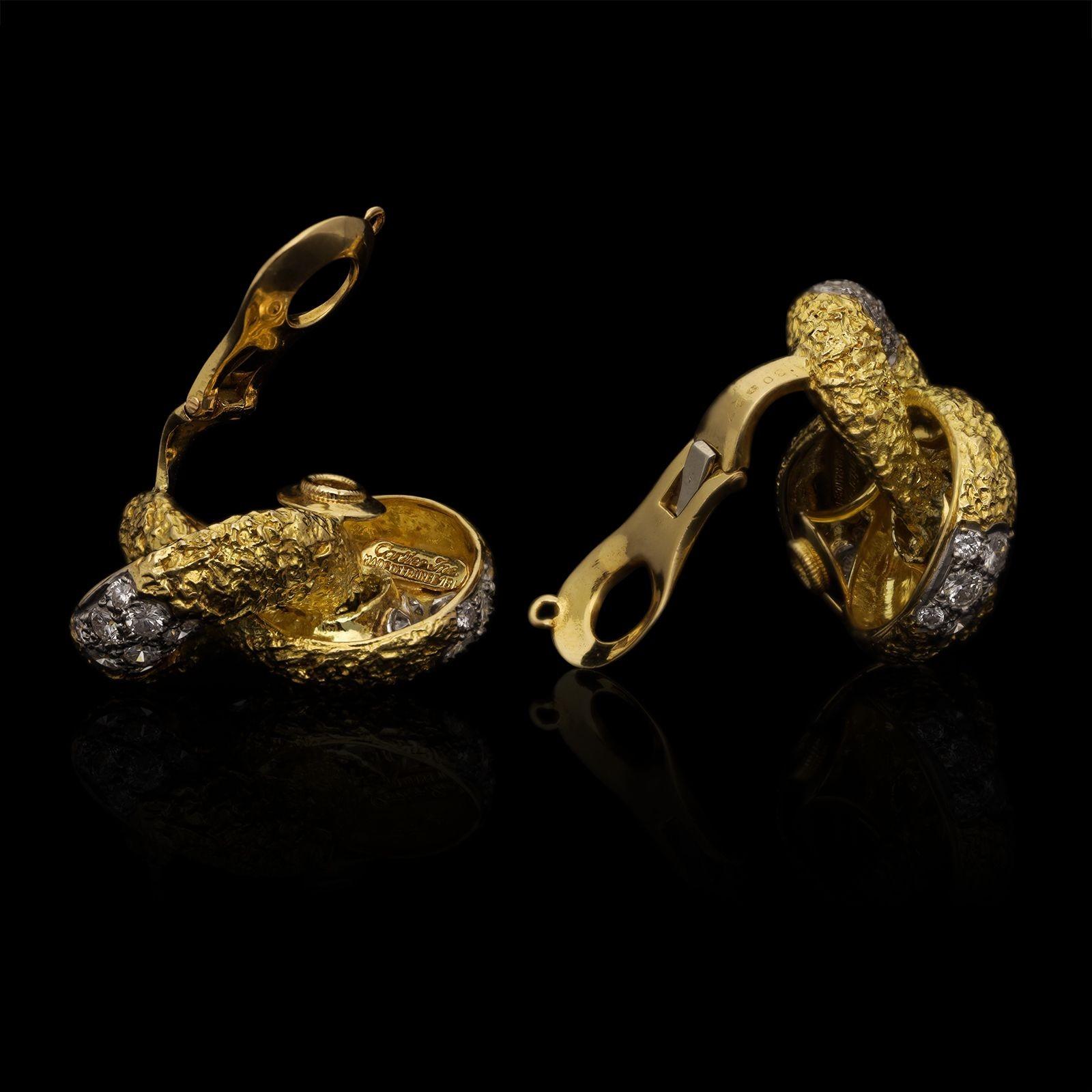 Brilliant Cut Cartier 18ct Textured Yellow Gold and Diamond Vintage Ear Clips, circa 1960s For Sale