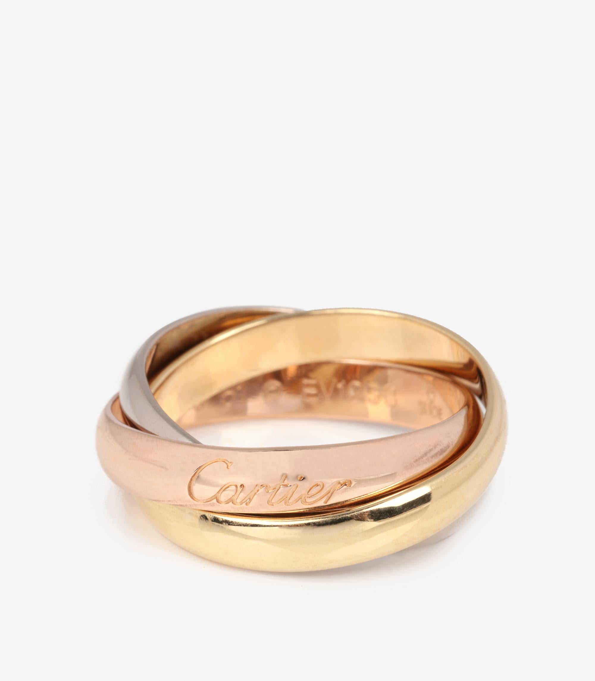Cartier 18ct White Gold, 18ct Yellow Gold And 18ct Rose Gold Medium Trinity Ring

Brand- Cartier
Model- Medium Trinity Ring
Product Type- Ring
Serial Number- EV****
Age- Circa 2006
Accompanied By- Cartier Certificate
Material(s)- 18ct White Gold,