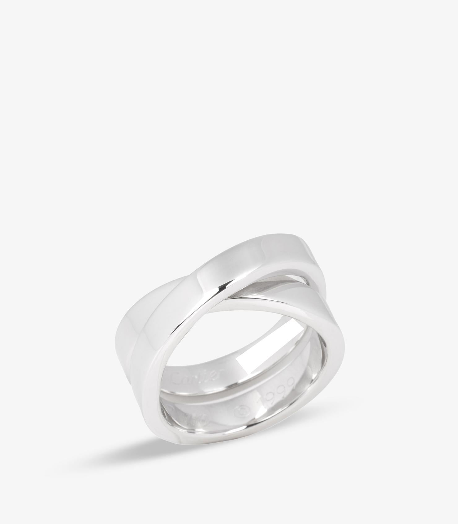 Cartier 18ct White Gold Crossover Nouvelle Vague Ring

Brand- Cartier
Model- Nouvelle Vague Ring
Product Type- Ring
Serial Number- J*****
Material(s)- 18ct White Gold
UK Ring Size- L 1/2
EU Ring Size- 52
US Ring Size- 6
Resizing Possible- No

Band