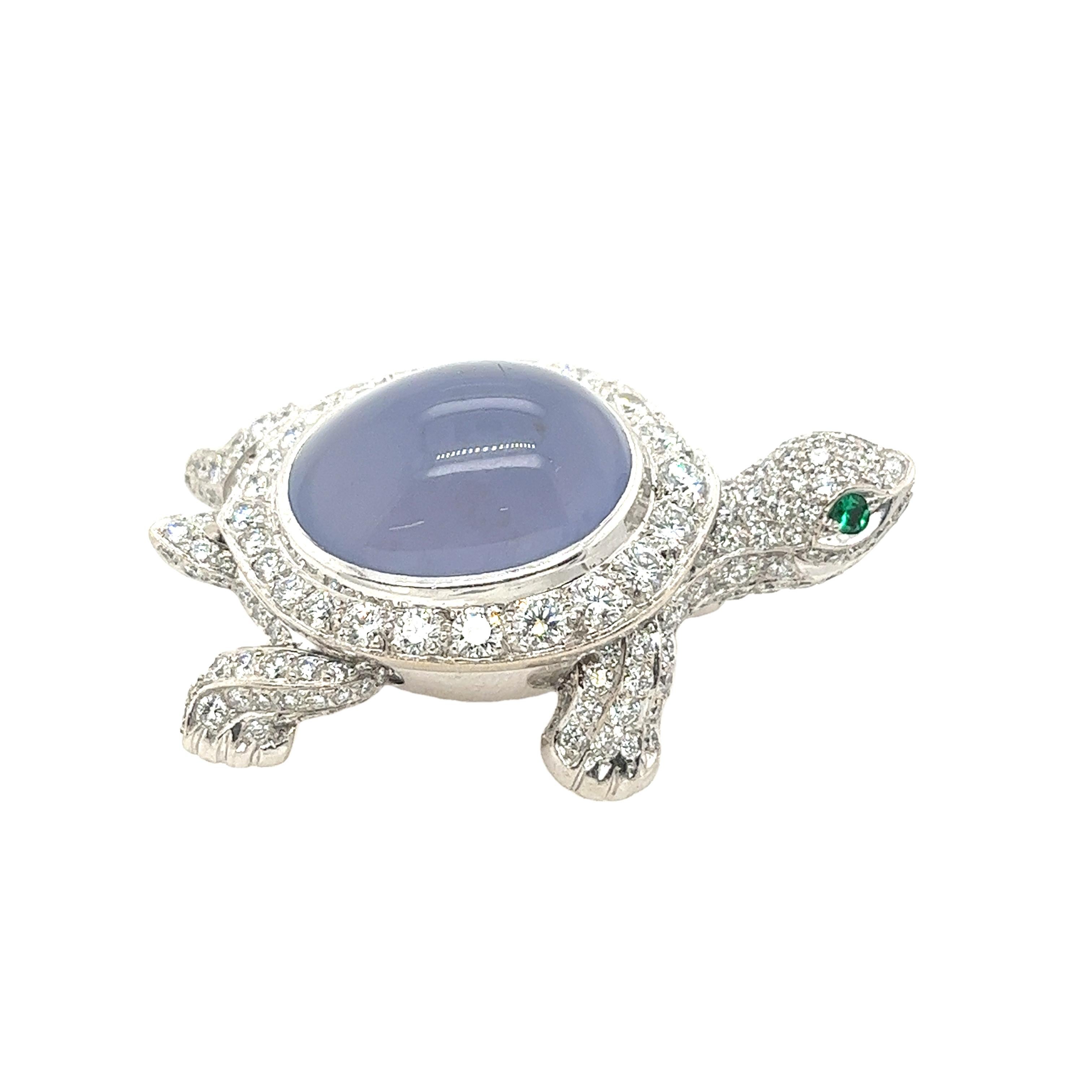 Round Cut Cartier 18ct White Gold Diamond Chalcedony Turtle Brooch