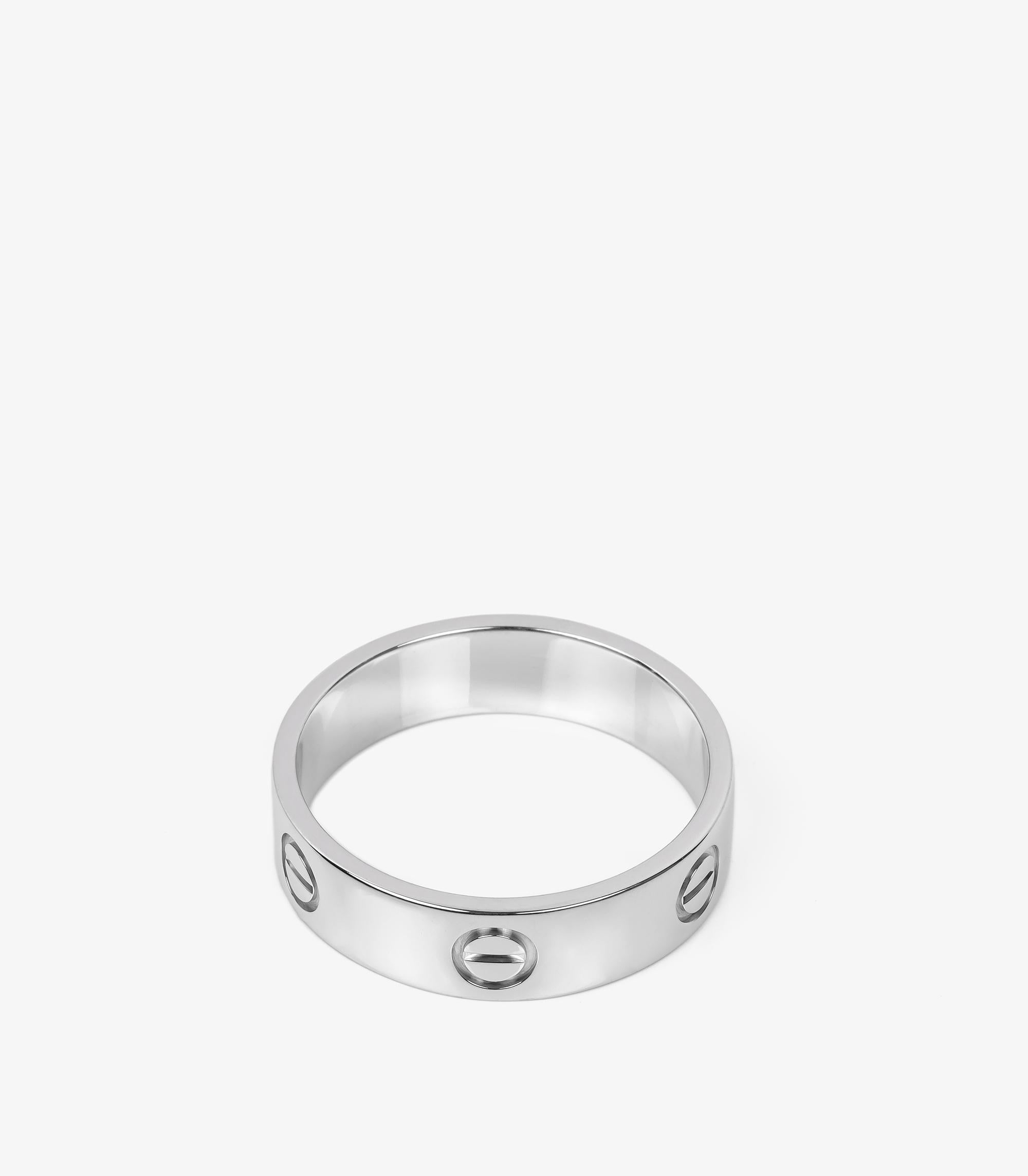 Cartier 18ct White Gold Love Band Ring

Product Details
Xupes Ref: J1473
Brand: Cartier
Model: Love Band Ring
Type: Ring
Serial Number: G*****
RRP: £1,990
Material(s): 18ct White Gold
UK Ring Size: T 1/2
EU Ring Size: 62
US Ring Size: 10
Resizing