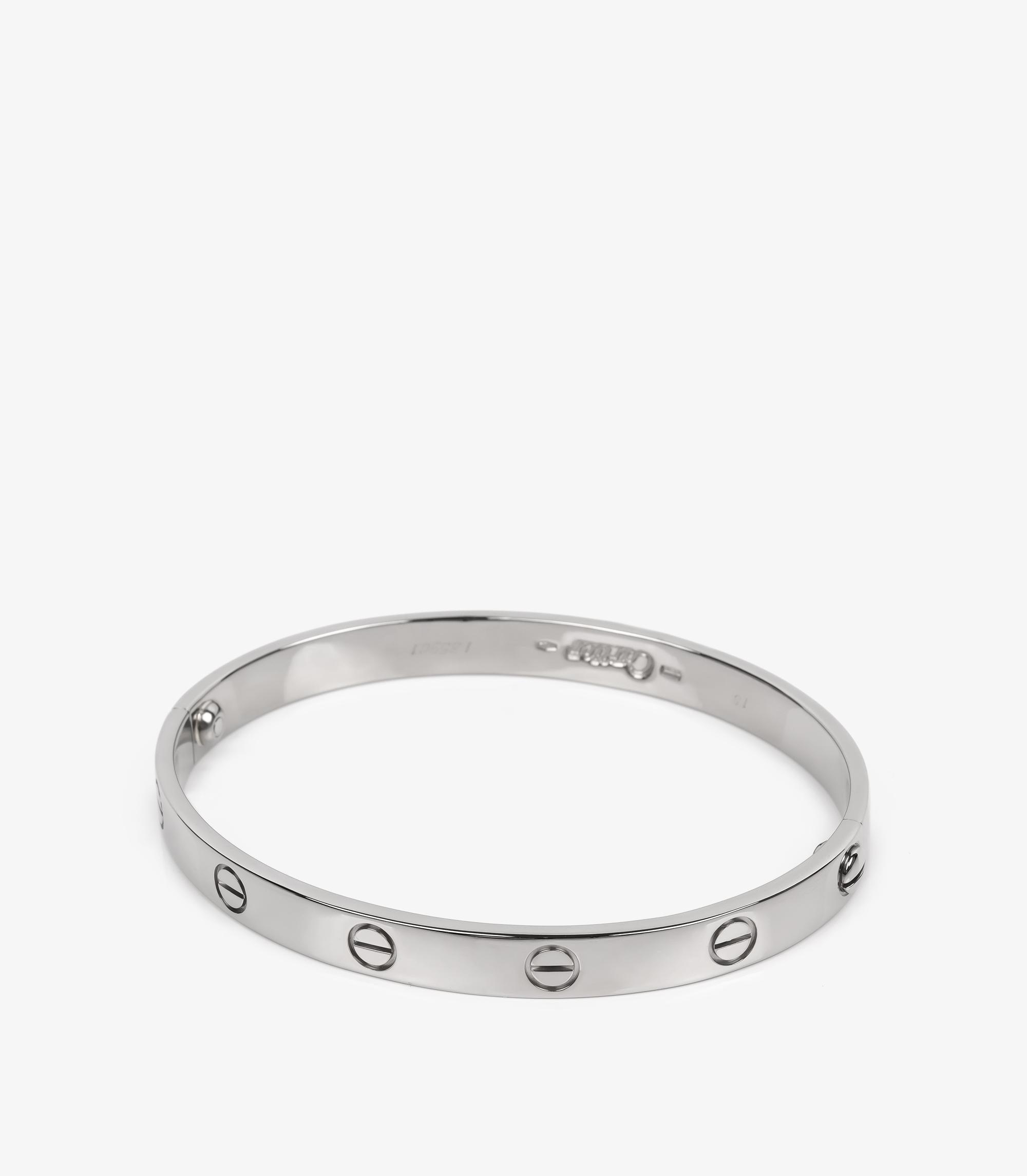 Cartier 18ct White Gold Love Bangle

Product Details
Xupes Ref: J1531
Brand: Cartier
Model: Love Bangle
Type: Bracelet
Serial Number: I*****
RRP: £7,550
Accompanied By: Cartier Pouch, Cartier Service Papers, Screwdriver
Material(s): 18ct White