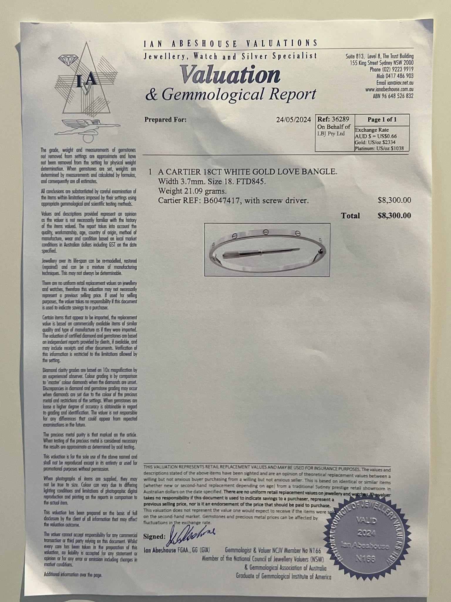 Women's Cartier 18ct White Gold Love Bangle 21.09g