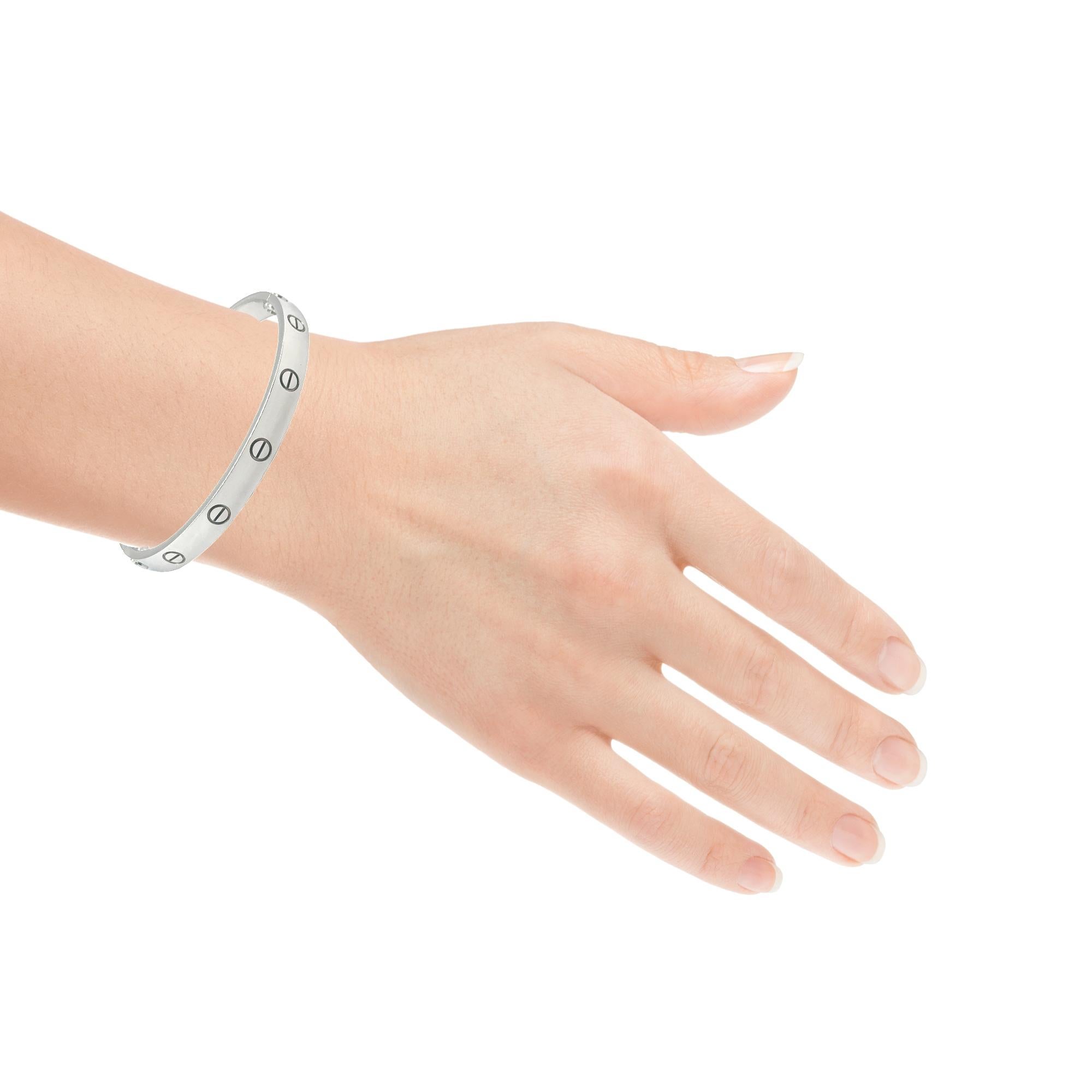 Cartier Love Bracelet in 18ct white gold size 17
weight - 33 grams
In great condition and screws work well.
Comes with tool and pouch
