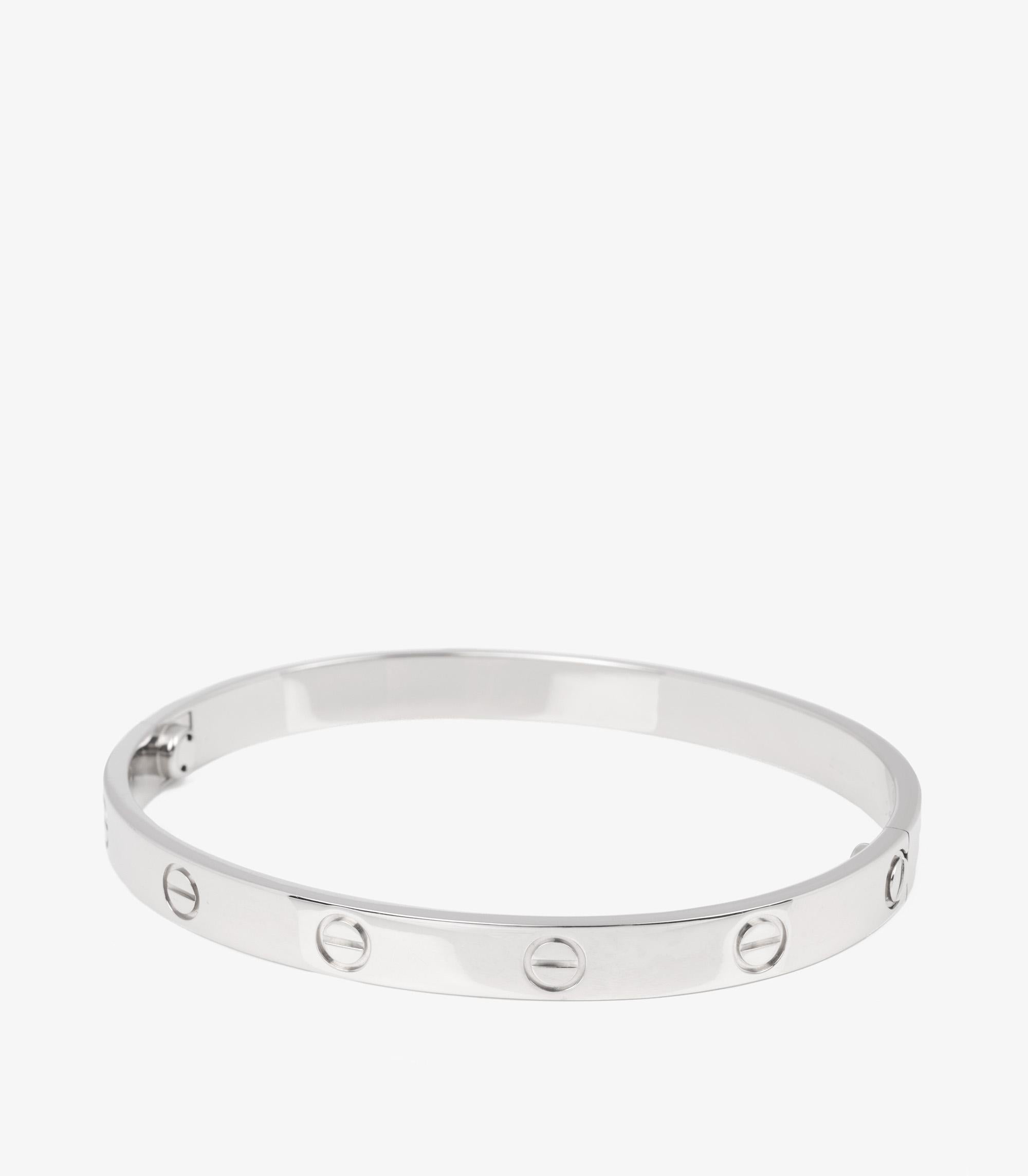 Cartier 18ct White Gold Love Bangle

Brand- Cartier
Model- Love Bangle
Product Type- Bracelet
Serial Number- IH****
Accompanied By- Cartier Pouch, Service Papers, Screwdriver
Material(s)- 18ct White Gold

Bracelet Length- 18cm
Bracelet Width-