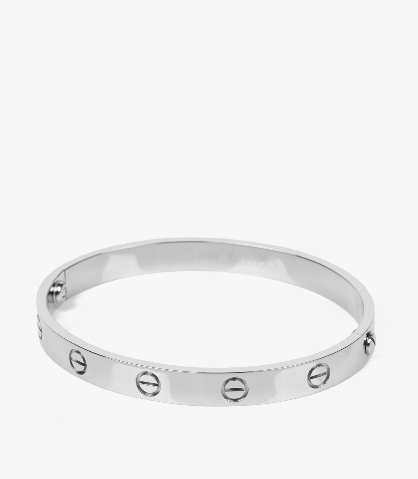 Cartier 18ct White Gold Love Bangle

Product Details
Xupes Ref: J1373
Brand: Cartier
Model: Love Bangle
Type: Bracelet
Serial Number: A*****
RRP: £7,550
Accompanied By: Cartier Box, Service Papers, Screwdriver
Material(s): 18ct White Gold
Gemstone:
