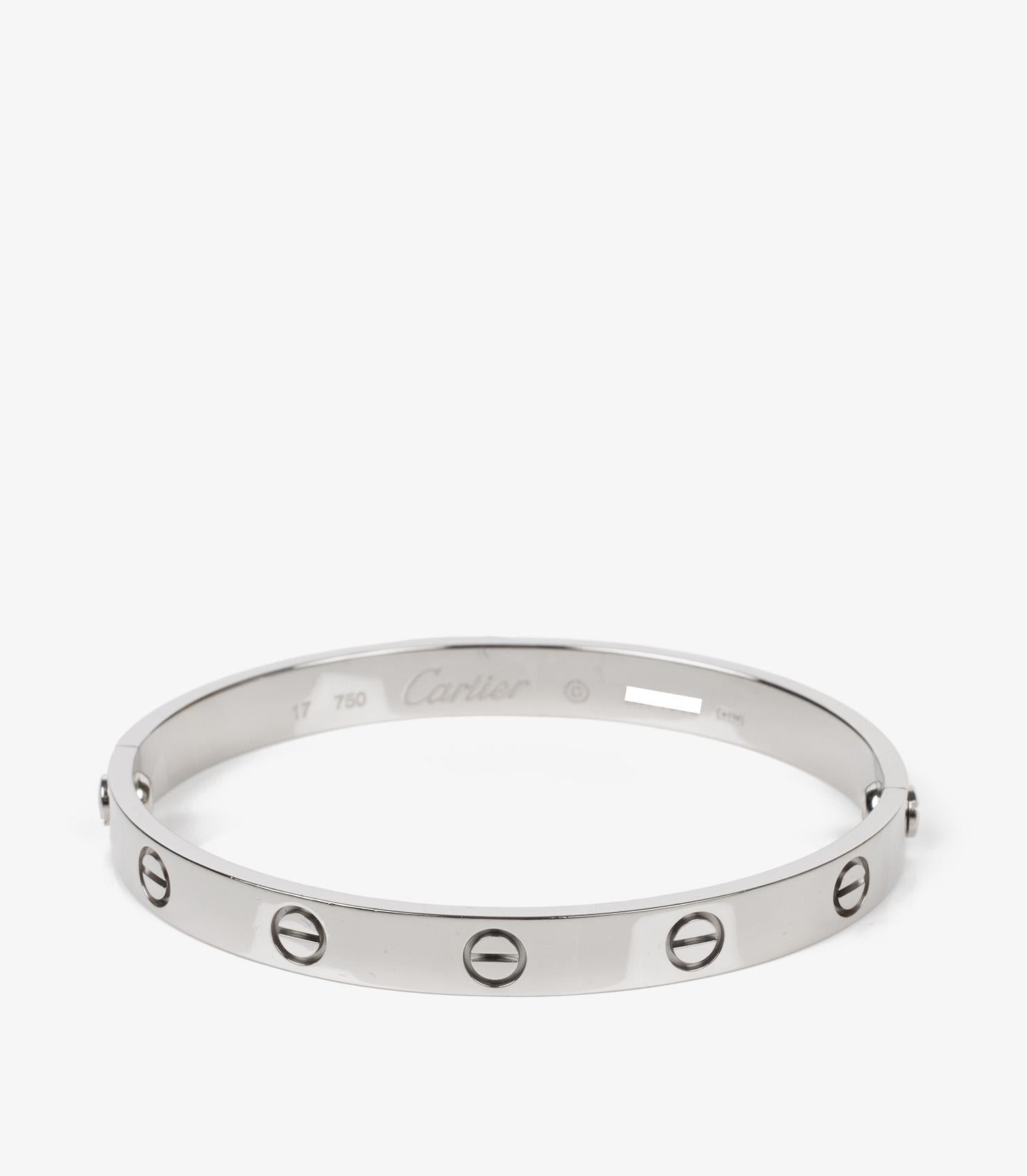 Cartier 18ct White Gold Love Bangle

Product Details
Xupes Ref: J1369
Brand: Cartier
Model: Love Bangle
Type: Bracelet
Serial Number: D*****
RRP: £7,550
Accompanied By: Cartier pouch, Service Papers, Screwdriver
Material(s): 18ct White