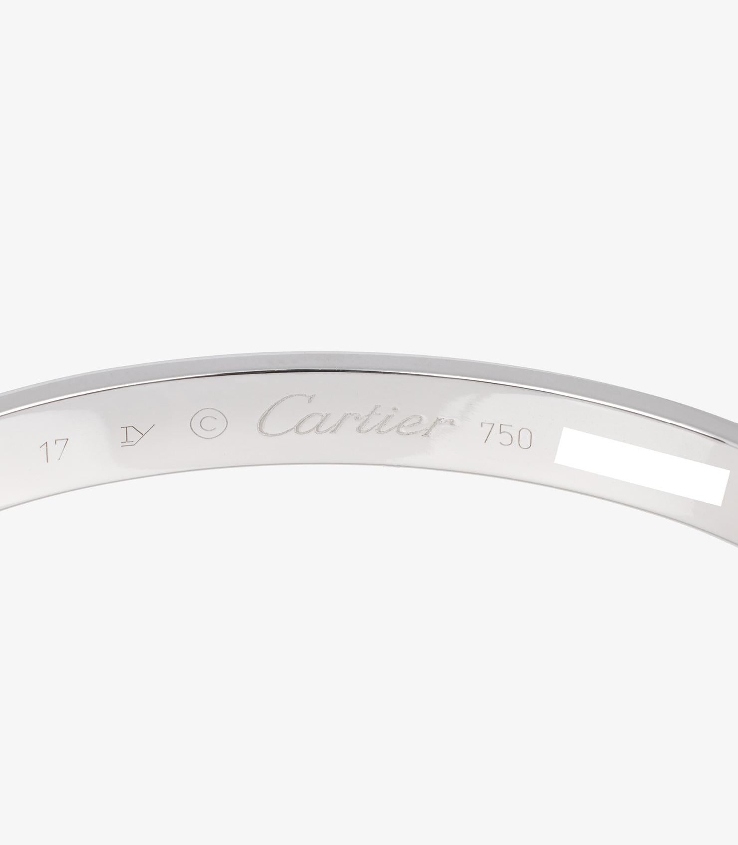 Cartier 18ct White Gold Love Cuff Bangle

Brand- Cartier
Model- Love Cuff Bangle
Product Type- Bracelet
Serial Number- EQ5213
Accompanied By- Cartier Box, Certificate, Screwdriver
Material(s)- 18ct White Gold

Bracelet Length- 17cm
Bracelet Width-