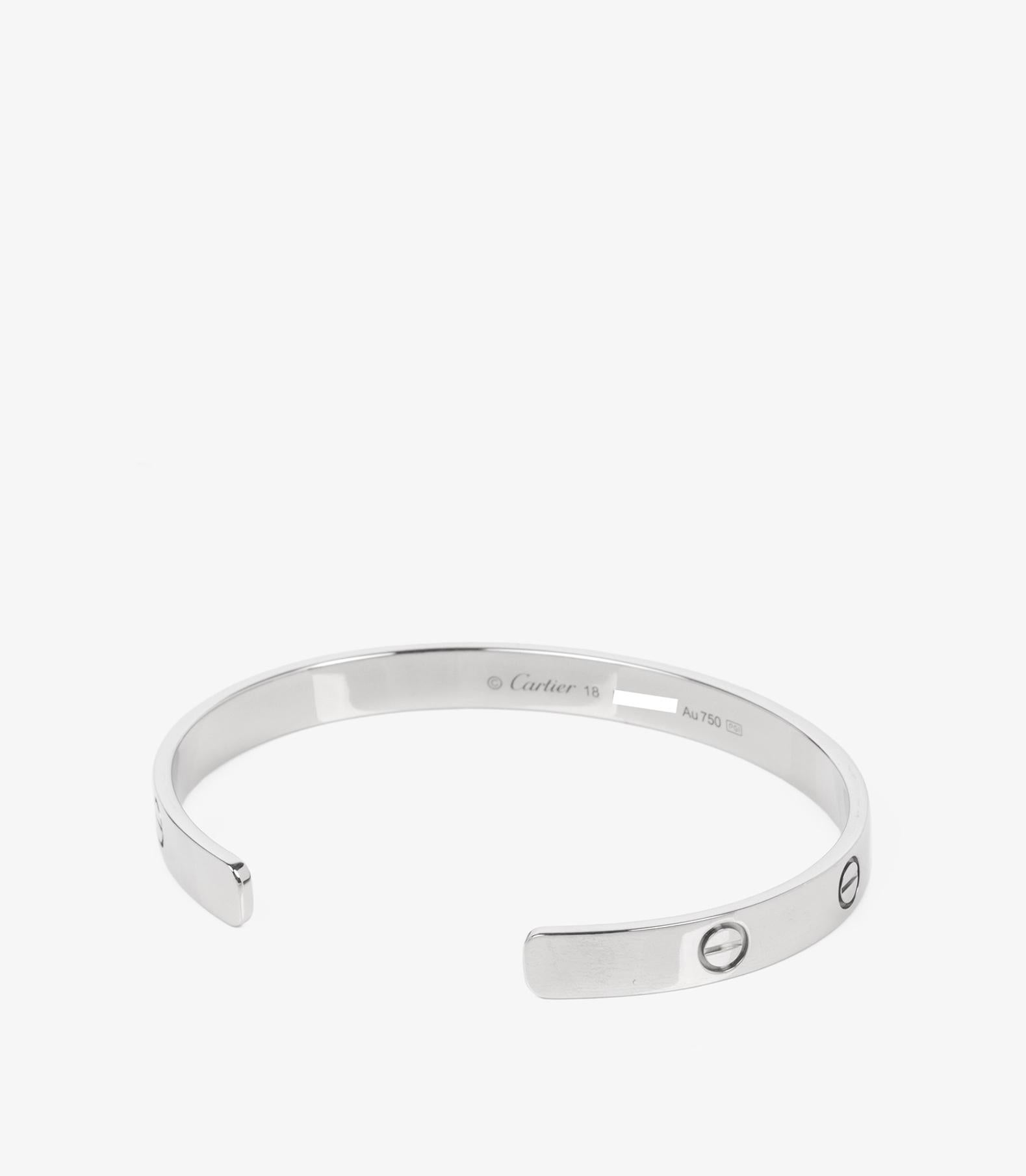 Cartier 18ct White Gold Love Cuff Bangle

Brand- Cartier
Model- Love Cuff Bangle
Product Type- Bracelet
Serial Number- BU****
Age- Circa 2015
Accompanied By- Cartier Box, Certificate
Material(s)- 18ct White Gold

Bracelet Length- 18cm
Bracelet