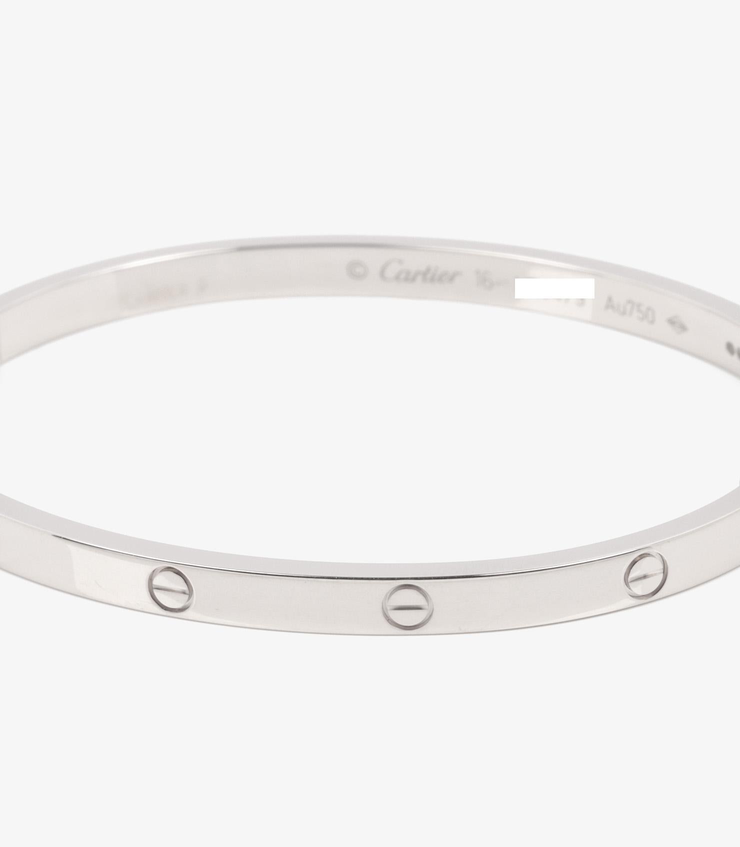Cartier 18ct White Gold Love SM Bangle

Brand- Cartier
Model- Love SM Bangle
Product Type- Bracelet
Serial Number- LR****
Age- Circa 2021
Accompanied By- Cartier Pouch, Certificate, Screwdriver
Material(s)- 18ct White Gold

Bracelet Length-