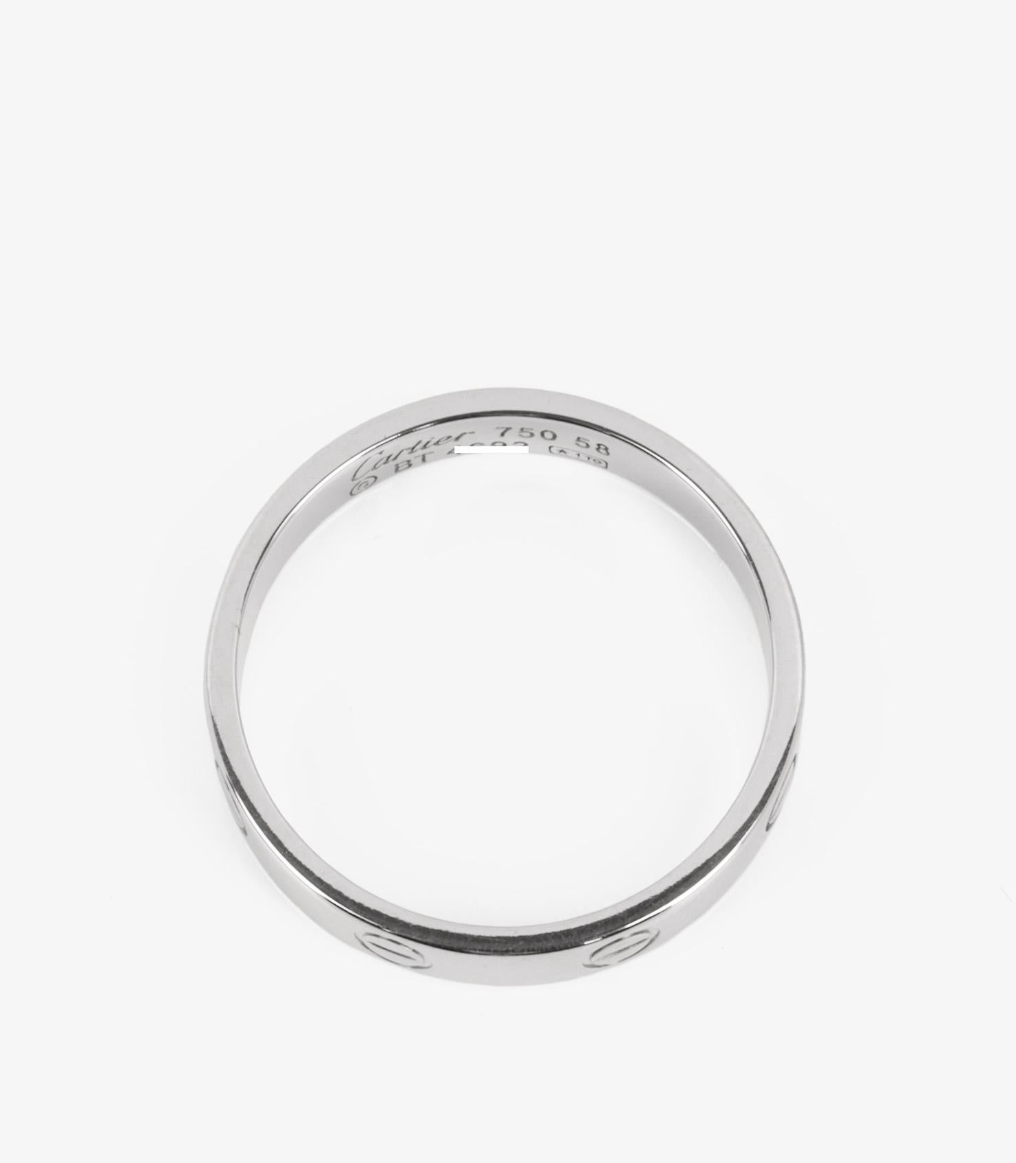 Cartier 18ct White Gold Love Wedding Band

Brand- Cartier
Model- Love Wedding Band
Product Type- Ring
Serial Number- BT****
Material(s)- 18ct White Gold
UK Ring Size- Q 1/2
EU Ring Size- 58
US Ring Size- 8 1/4
Resizing Possible- No

Band Width-