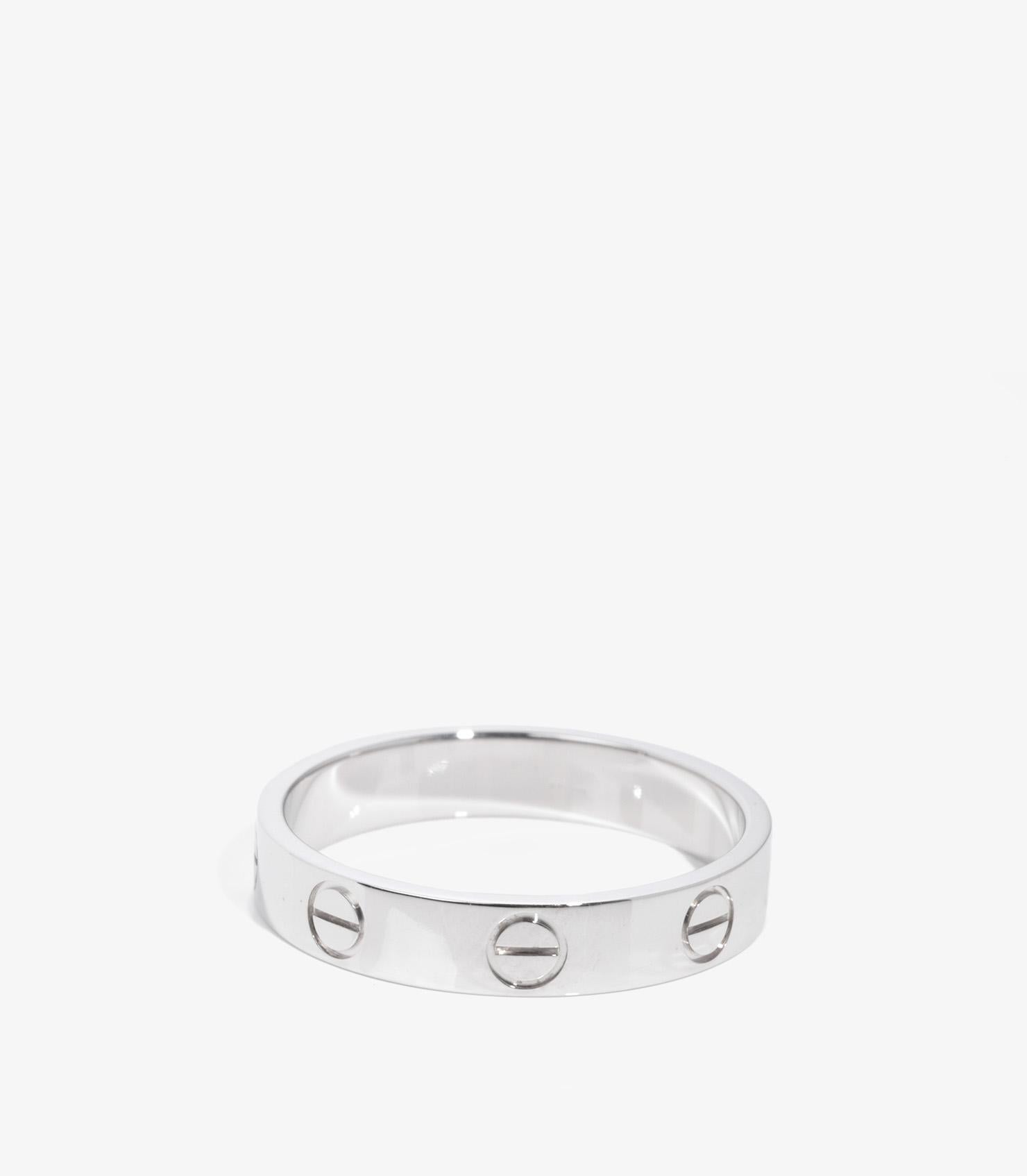 Cartier 18ct White Gold Love Wedding Band Ring

Brand- Cartier
Model- Love Wedding Band
Product Type- Ring
Serial Number- CU****
Accompanied By- Cartier Box
Material(s)- 18ct White Gold
UK Ring Size- M 1/2
EU Ring Size- 53
US Ring Size- 6