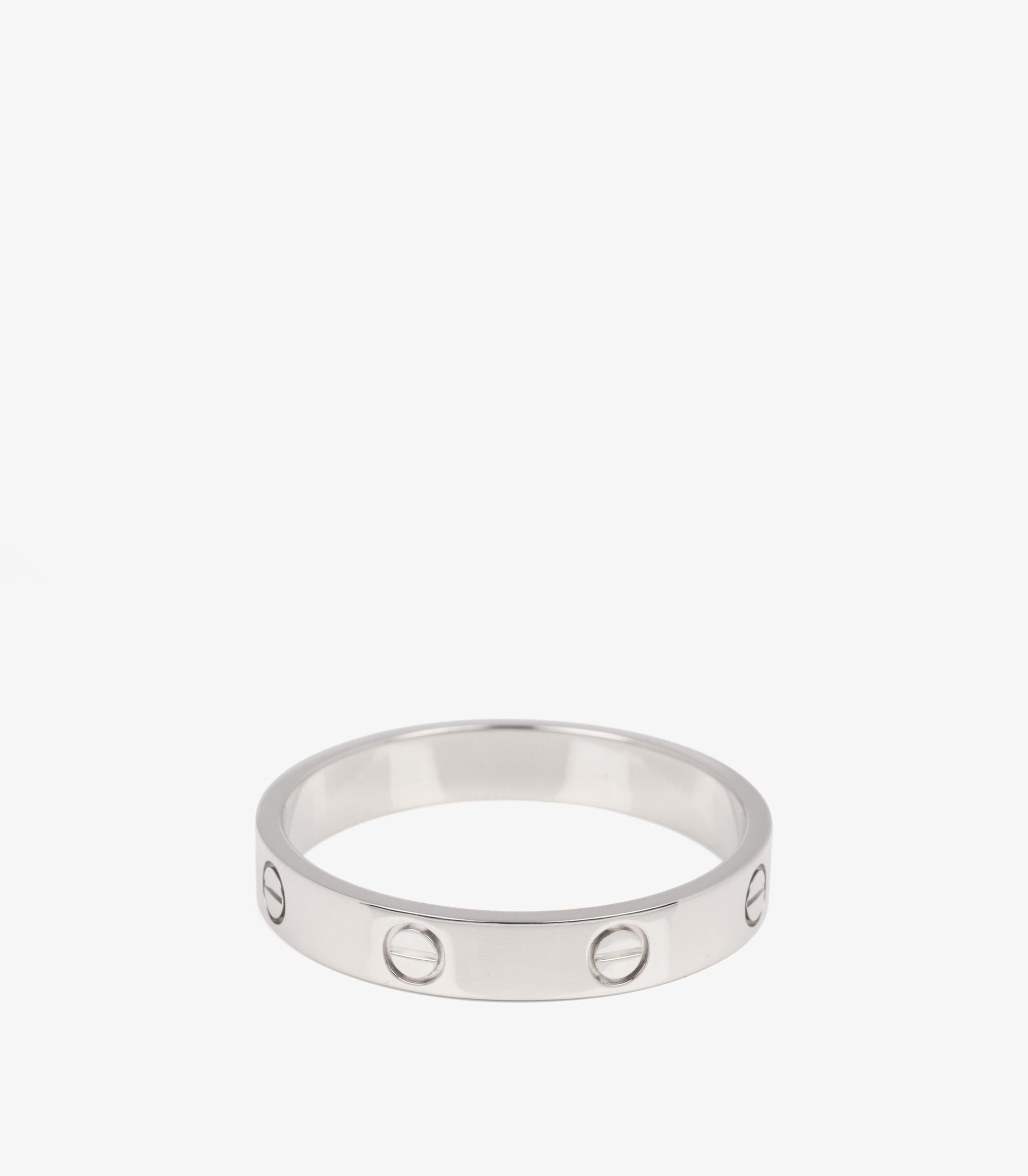 Cartier 18ct White Gold Love Wedding Band Ring

Brand- Cartier
Model- Love Wedding Band
Product Type- Ring
Serial Number- BW****
Accompanied By- Cartier Box
Material(s)- 18ct White Gold
UK Ring Size- W 1/2
EU Ring Size- 66
US Ring Size- 11
