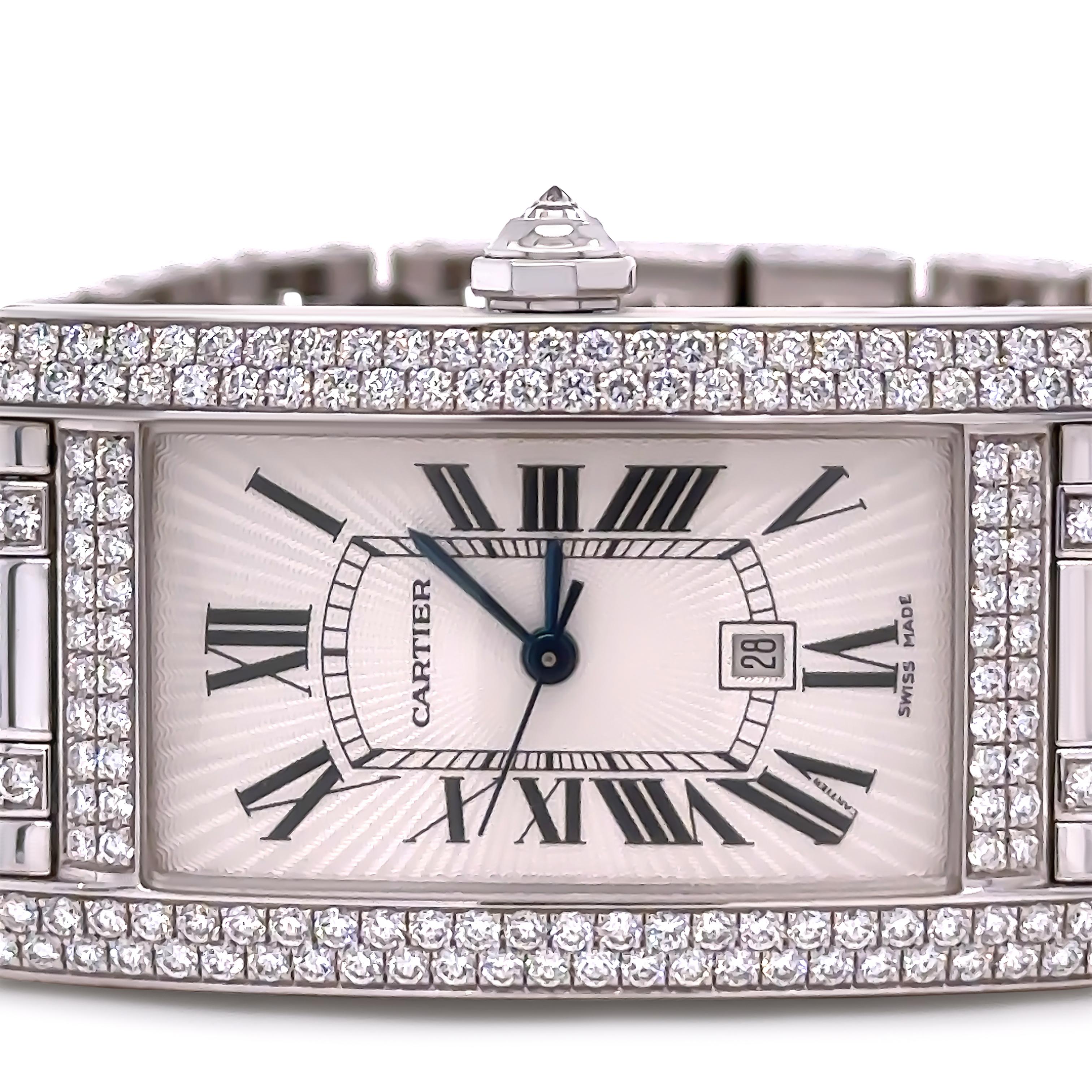 Brilliant Cut Cartier 18ct White Gold Tank Américaine Diamond Watch 3.62ct