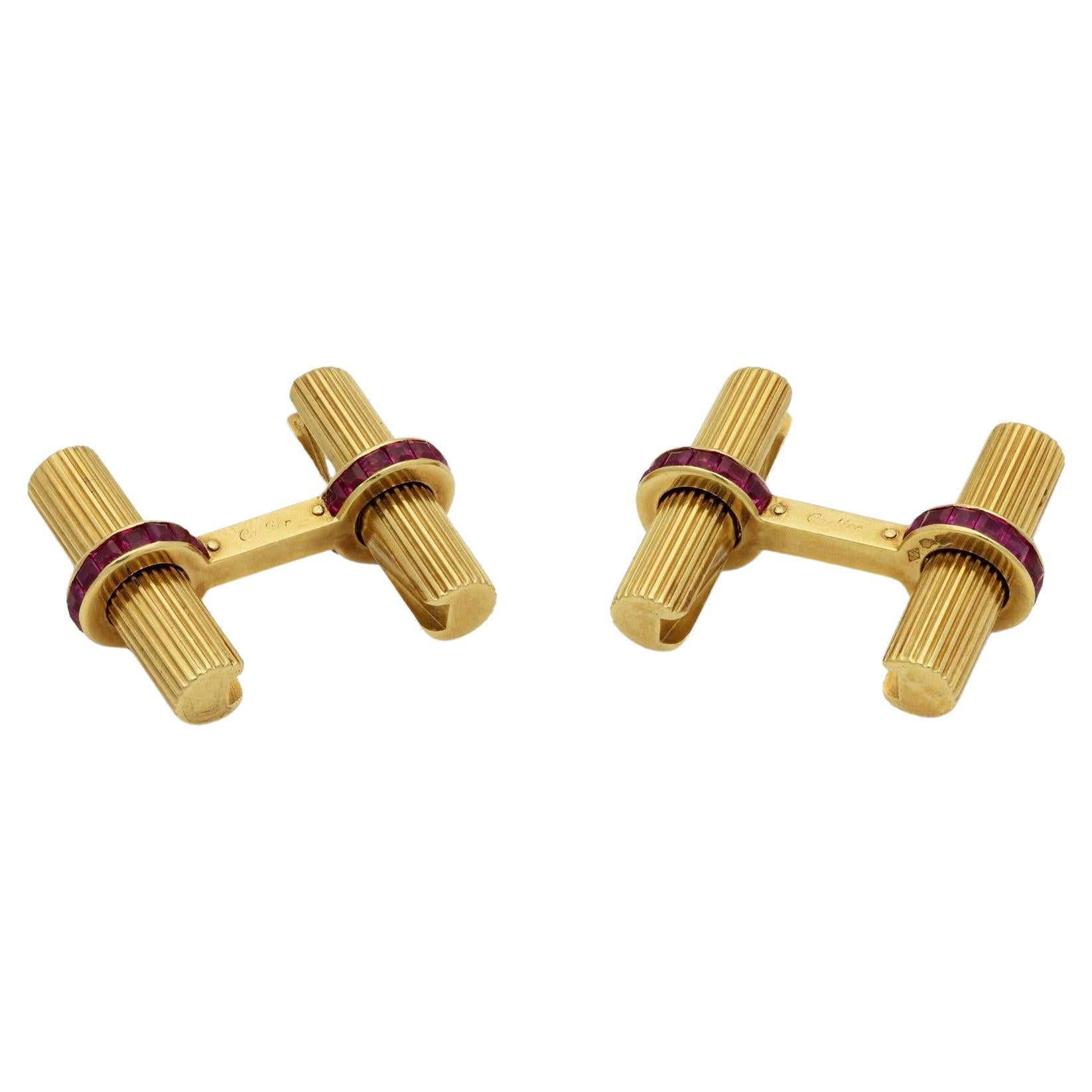 Cartier 18ct Yellow Gold and Ruby Vintage Baton Cufflinks Circa 1960 For Sale