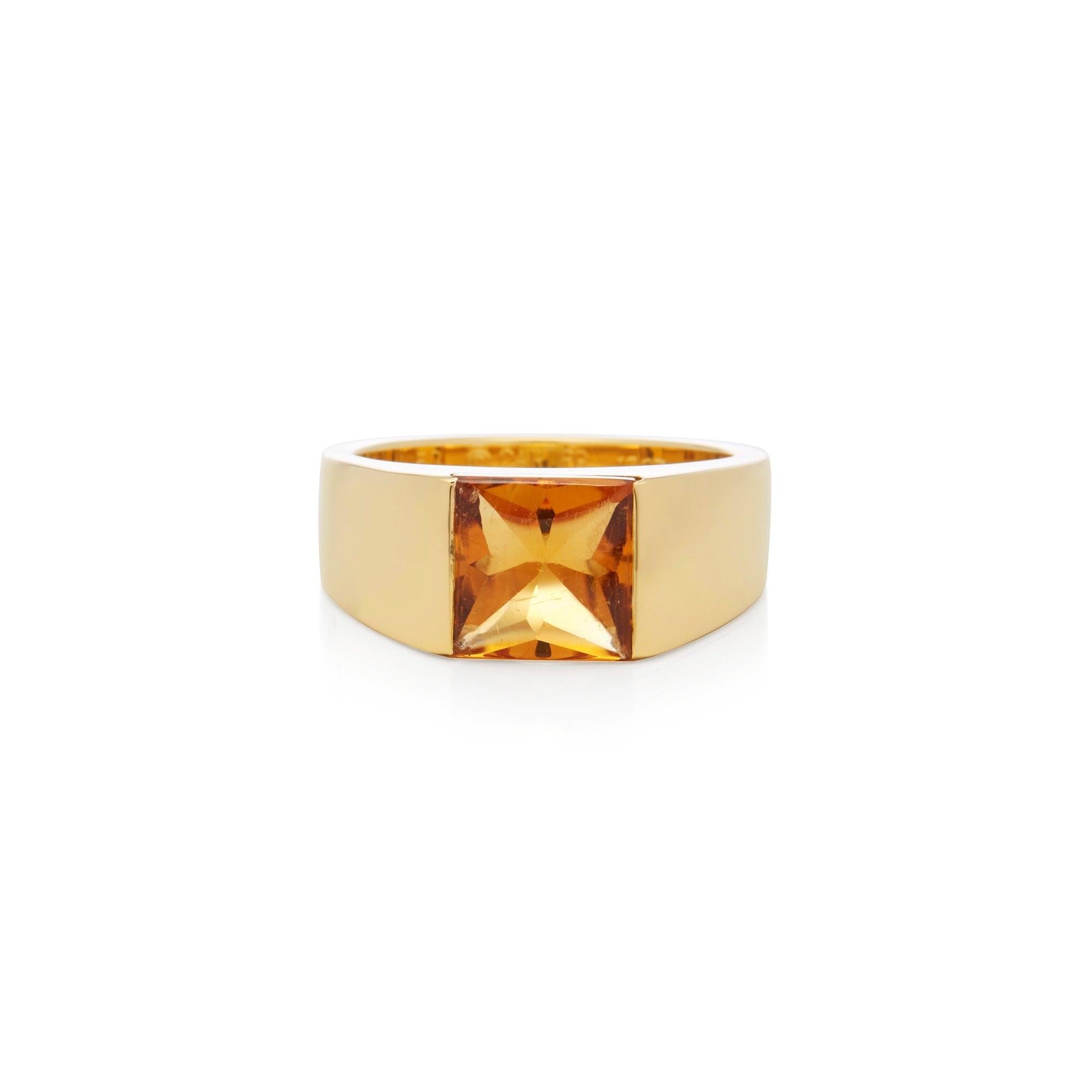 This Ring by Cartier is from their Tank Collection and features One Square Cabocheon Citrine Totalling 2cts. Mounted in an 18k Yellow Gold band. UK Size M, EU Size 53, US Size 6 1/2 Complete with Xupes Presentation Box. Our Xupes reference is