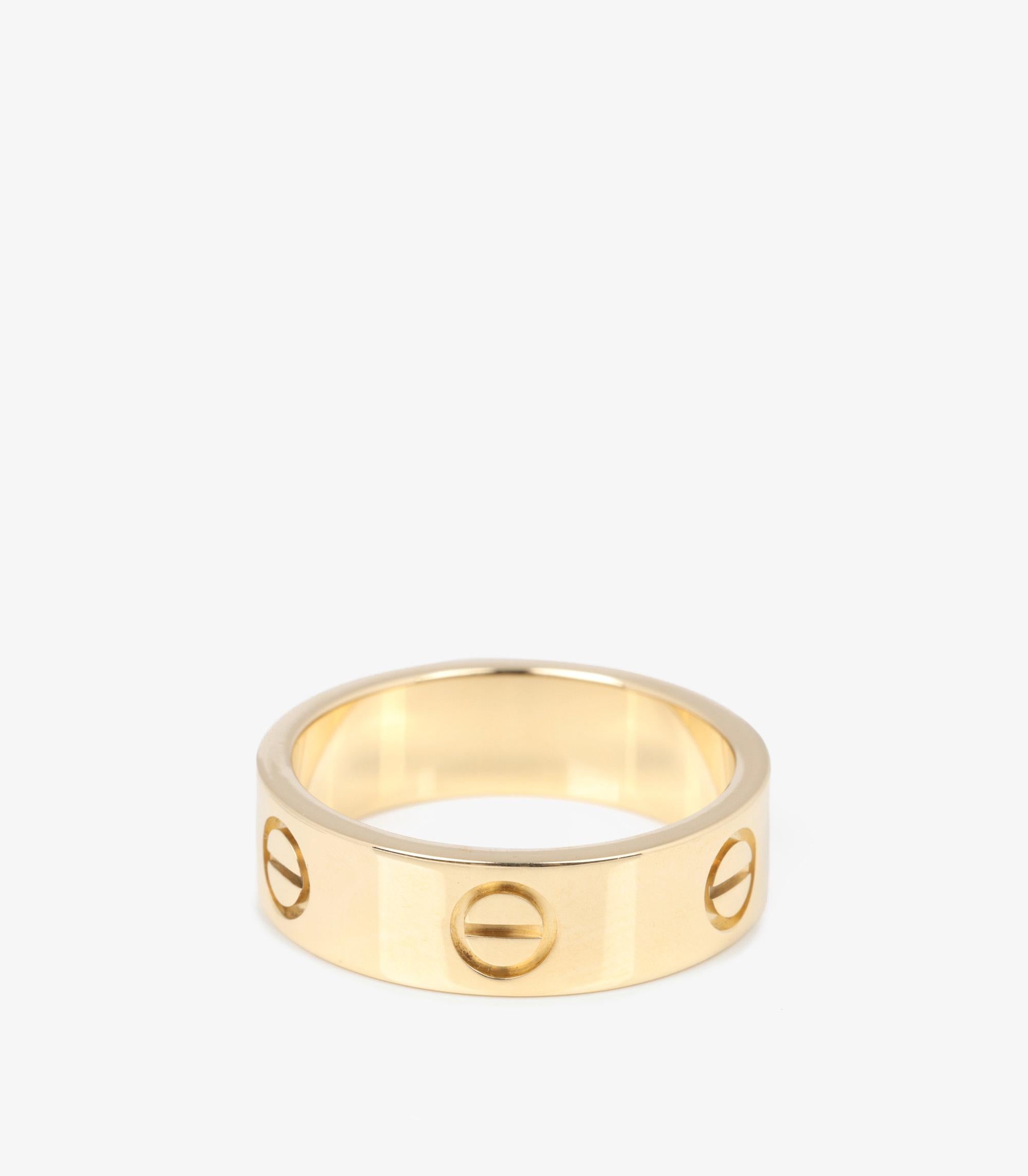 Cartier 18ct Yellow Gold Love Band

Brand- Cartier
Model- Love Band Ring
Product Type- Ring
Serial Number- G5****
Material(s)- 18ct Yellow Gold
UK Ring Size- L 1/2
EU Ring Size- 52
US Ring Size- 6
Resizing Possible- No

Band Width- 5.2mm
Total