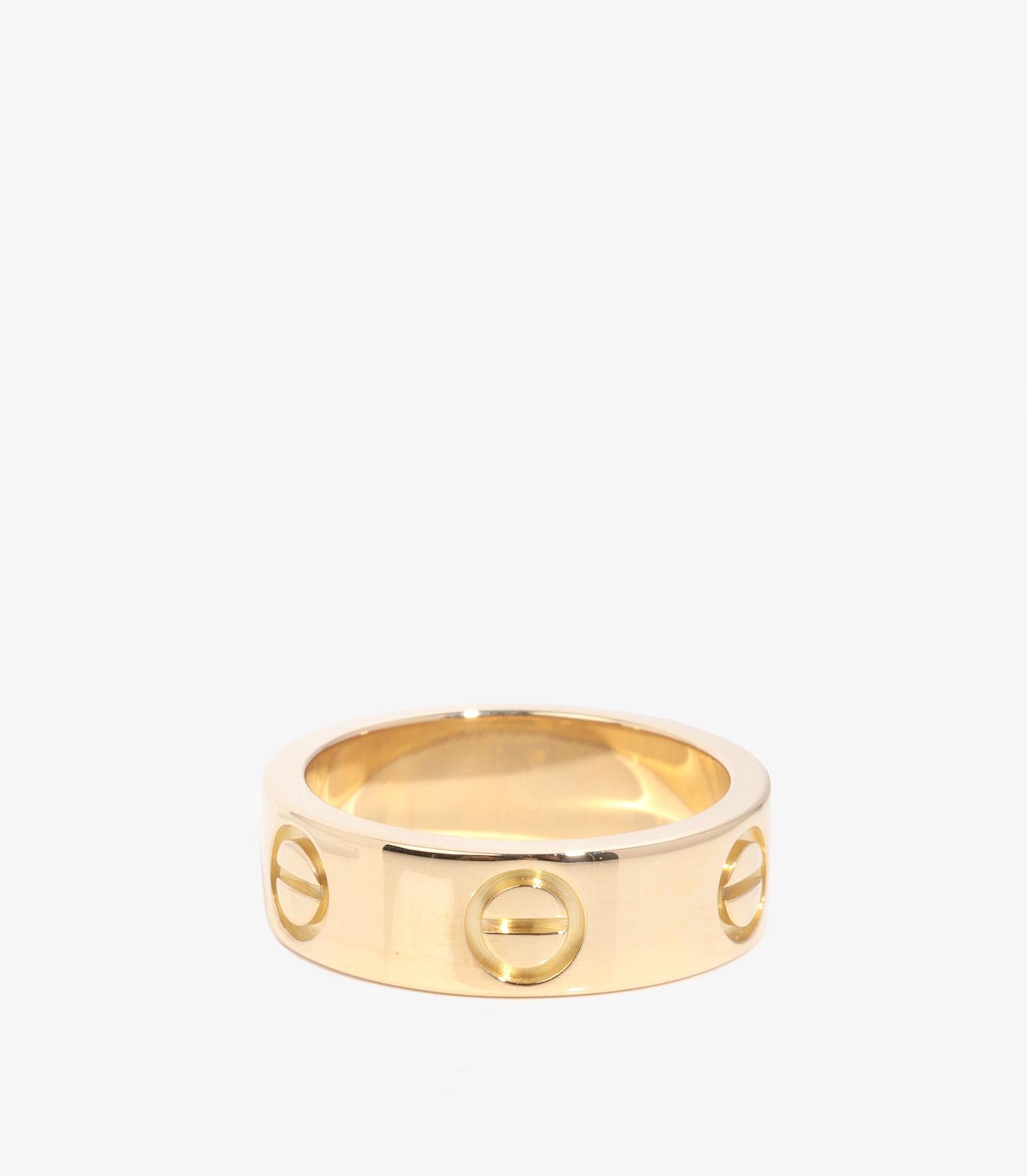 Cartier 18ct Yellow Gold Love Band Ring

Brand- Cartier
Model- Love Band Ring
Product Type- Ring
Serial Number- F8****
Age- Circa 1998
Accompanied By- Cartier Certificate
Material(s)- 18ct Yellow Gold
UK Ring Size- I 1/2
EU Ring Size- 48
US Ring