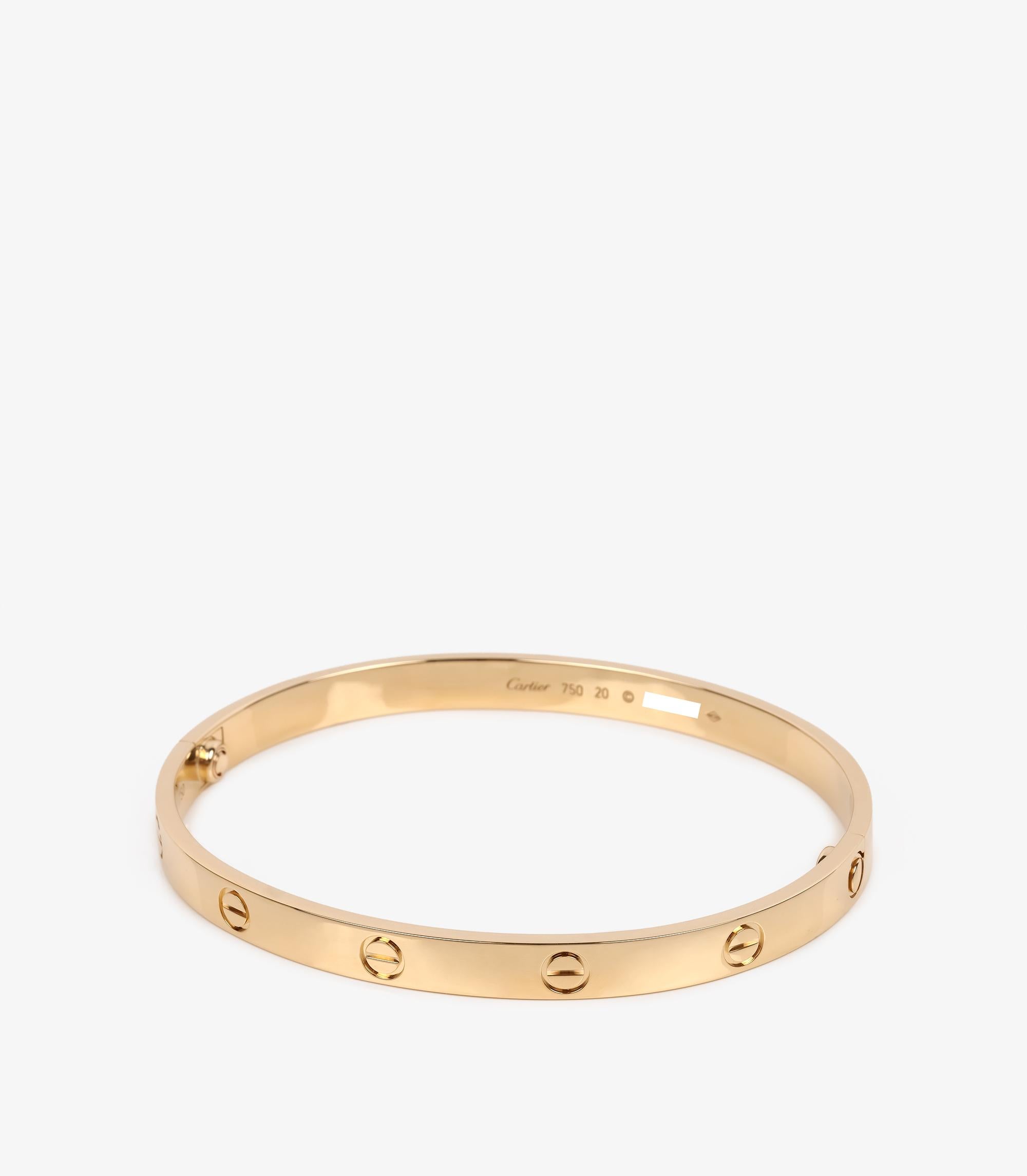 Cartier Love-Armreif aus 18 Karat Gelbgold

Details zum Produkt
Xupes Ref: J1518
Marke: Cartier
Modell: Love Armreif
Art: Armband
Seriennummer: T*****
UVP: £7.050
Begleitet von: Cartier Etui, Cartier Service Papiere, Schraubenzieher
MATERIAL(e): 18
