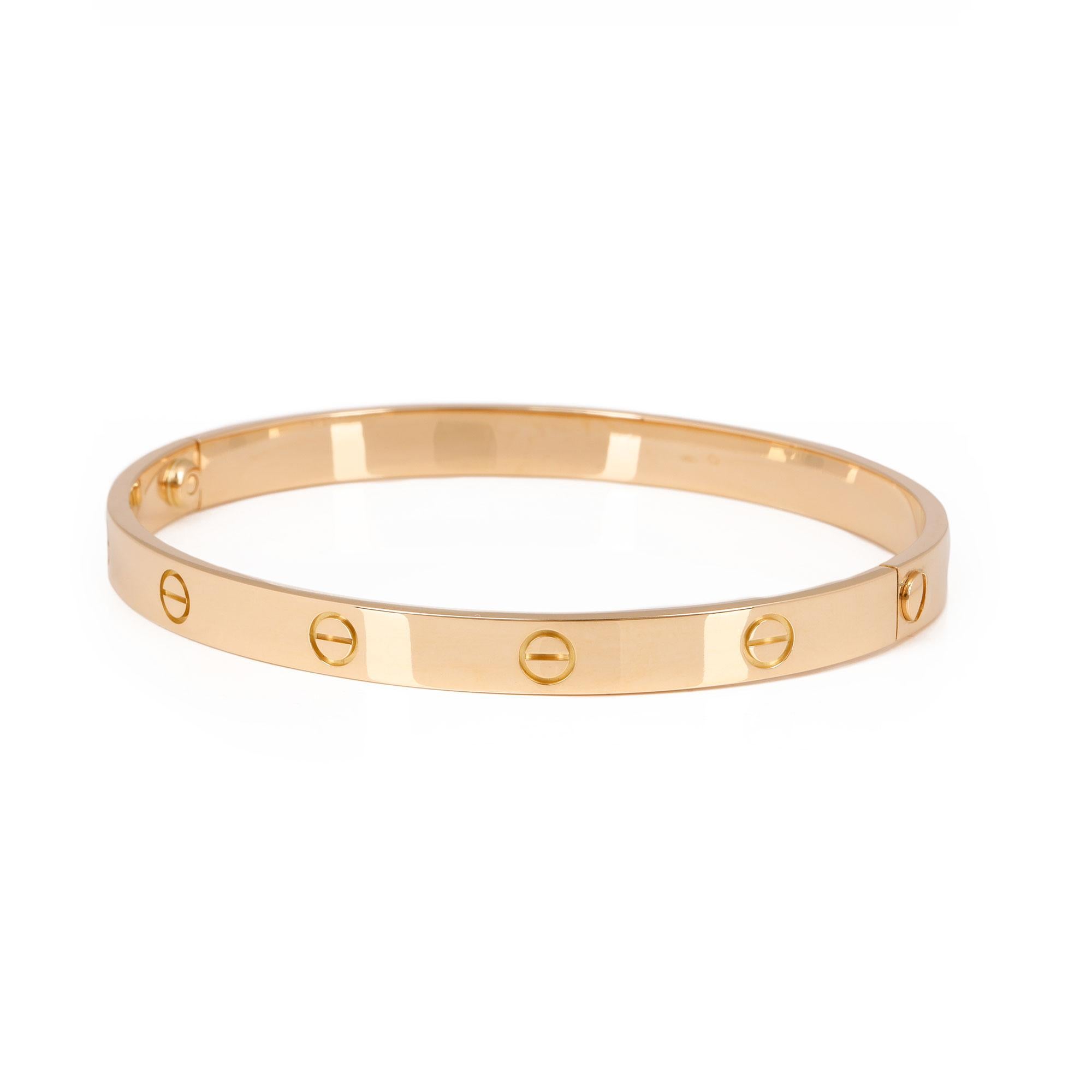 This bangle from Cartier is from their Love collection and features their iconic screw detailing set in 18ct yellow gold. Complete with Cartier box, certificate and service papers. Our Xupes reference is J535 should you need to quote this. 