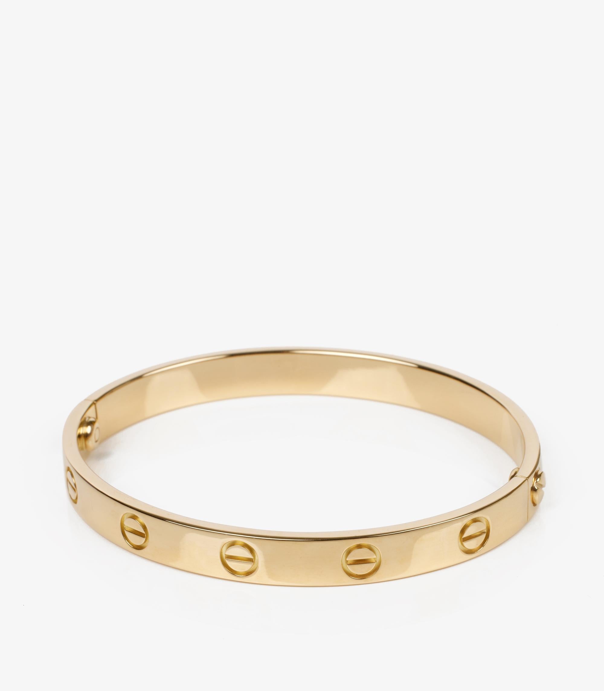 Cartier 18ct Yellow Gold Love Bangle

Brand- Cartier
Model- Love Bangle
Product Type- Bracelet
Serial Number- AY****
Age- Circa 2003
Accompanied By- Cartier Box, Certificate, Screwdriver
Material(s)- 18ct Yellow Gold

Bracelet Length- 16
Bracelet